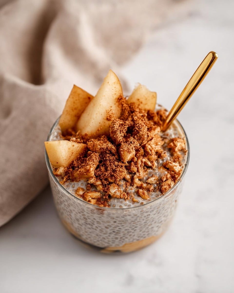 A small glass cup filled with three visible layers: the bottom layer is creamy chia pudding with a soft, speckled grey texture, the middle layer is thin apple slices with a light tan color and a slightly cooked look, and the top layer is a generous sprinkle of crushed nuts mixed with a cinnamon-like brown powder, covering the apples evenly. A shiny gold spoon is partially inside the cup, and the cup is placed on a white marbled surface with a soft beige cloth blurred in the background. photo taken with an iphone --ar 4:5 --v 7