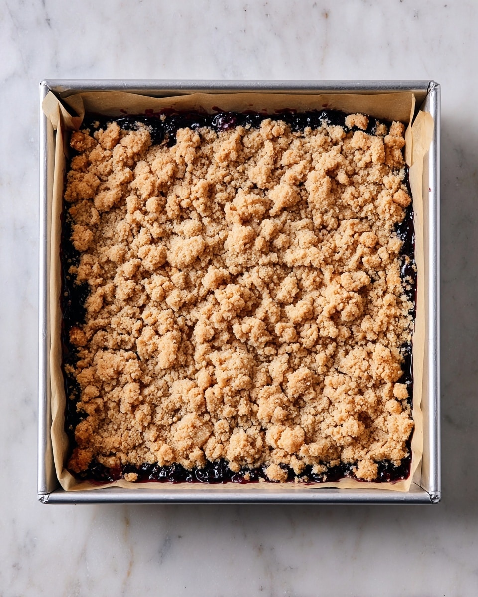 A square metal baking tray lined with parchment paper holds a crumb cake with two visible layers: a bottom dark purple layer of fruit filling and a thick top layer of golden-brown crumb pieces that are rough and uneven in size and shape. The tray sits on a white marbled surface with no other objects around. photo taken with an iphone --ar 4:5 --v 7