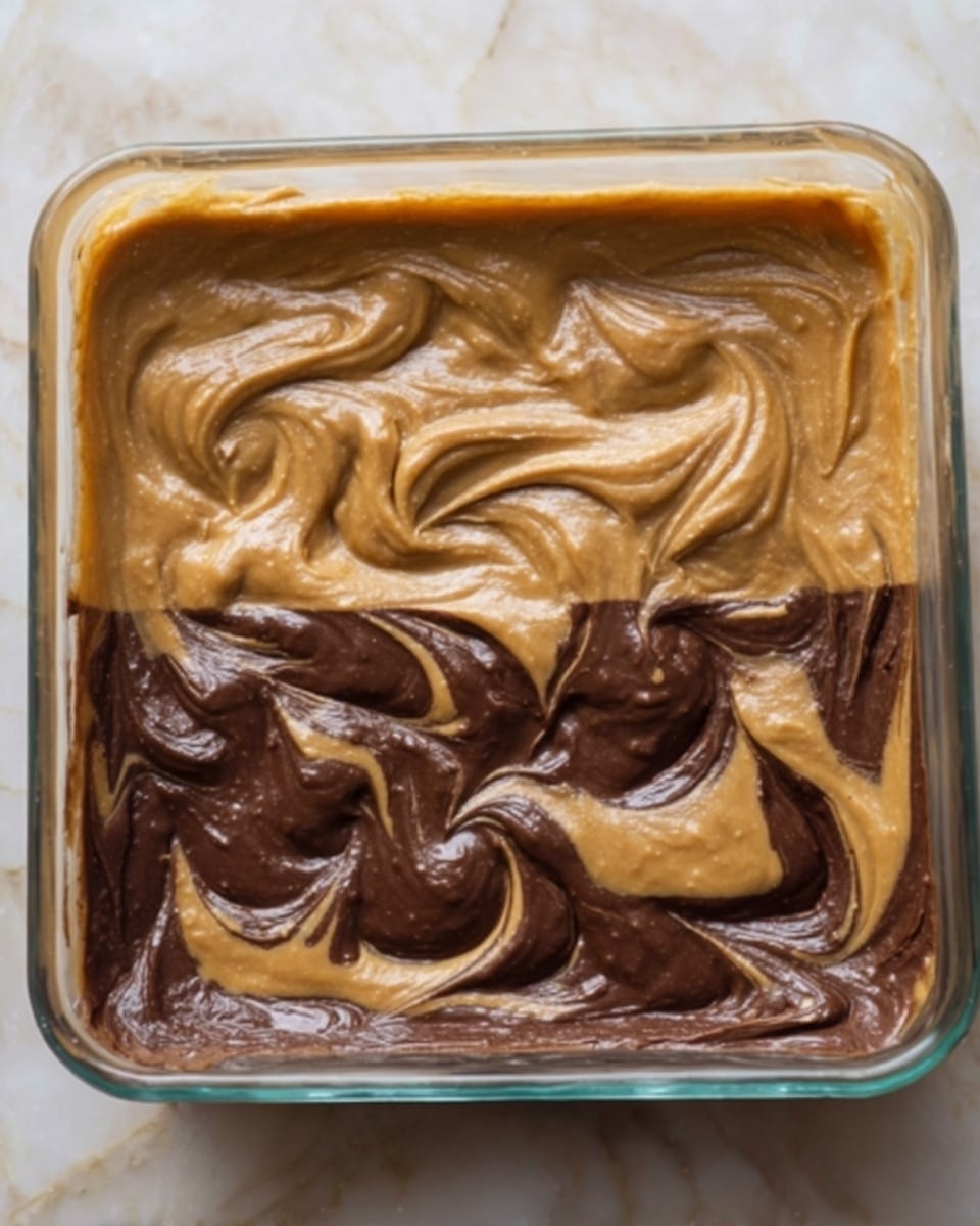 A clear square glass dish filled with two swirled layers of thick batter, one layer is light brown with a smooth texture, and the other is dark brown with a creamy look; both batters are spread unevenly, creating wavy, mixed patterns on the surface, resting on a white marbled background photo taken with an iphone --ar 4:5 --v 7
