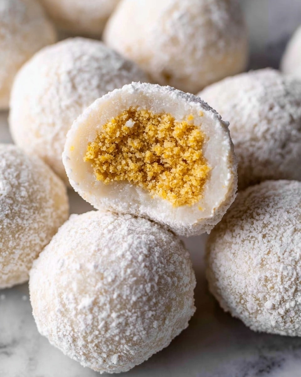 The image shows several round white balls covered in a fine white powdery texture, arranged closely on a white marbled surface. One ball is split open, revealing its inside layers: the outer layer is thick and snowy white with a soft, smooth texture, and the inner filling is golden yellow with a crumbly, grainy look. The contrast between the white outer layer and the warm yellow filling makes the texture and layers easy to see. photo taken with an iphone --ar 4:5 --v 7