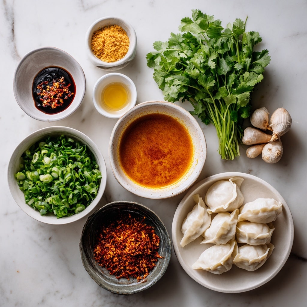 The image shows a white bowl filled with a vibrant orange sauce base, with eight dumplings arranged in a circle along the edge of the bowl, each dumpling golden brown and slightly crispy on top. In the center of the bowl, there is a small mound of white rice topped with fresh green scallion slices. The sauce looks creamy and smooth, with a few scattered green herbs and sesame seeds adding detail. A woman's hand holds wooden chopsticks resting on the edge of the bowl at the top right. The bowl sits on a white marbled surface with a light textured cloth nearby. Photo taken with an iphone --ar 4:5 --v 7
