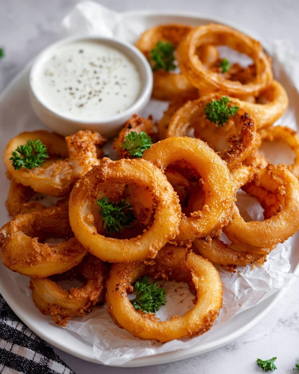 A woman's hand is holding a golden brown fried onion ring with a crispy, slightly rough texture and some small green herbs on it, dipped halfway into a small white bowl filled with creamy white sauce speckled with black pepper and green parsley. Around the bowl, several more onion rings with the same deep golden color and crispy surfaces are scattered loosely on a white marbled surface with a white parchment paper underneath. Photo taken with an iphone --ar 4:5 --v 7