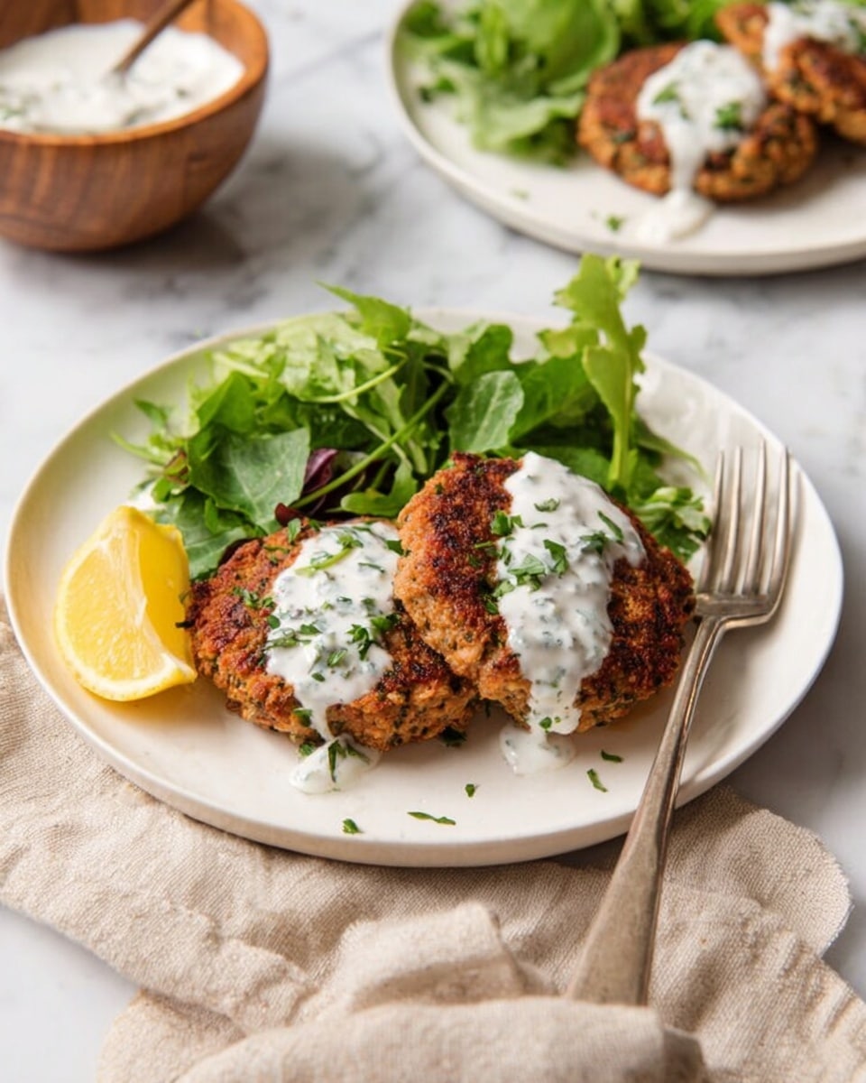 A white plate holds two browned patties with a crispy texture, topped with a white sauce dotted with green herbs. On the left of the patties, there is a small pile of fresh, green leafy salad. A lemon wedge rests at the bottom left edge of the plate. A silver fork is placed on the right side of the plate. The plate is set on a white marbled surface with a beige cloth partially underneath. In the background, a wooden bowl with white sauce and another white plate with a similar dish are slightly blurred. Photo taken with an iphone --ar 4:5 --v 7