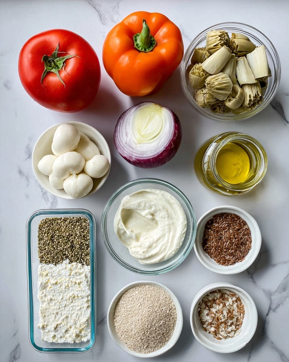 This image shows a flat top view of various ingredients arranged neatly on a white marbled surface. There are two whole red tomatoes, an orange bell pepper with green stem, and a half purple onion placed spaced apart. Small white bowls hold peeled garlic cloves, mozzarella balls, yellow olive oil, pine nuts, and white cottage cheese. A glass bowl contains smooth, white cream, and next to it is a jar filled with artichoke hearts in oil. A rectangular clear glass container has four sections with dry ingredients: greenish hemp seeds on the left, white flour in the center, and brown flax seeds on the right. The overall scene is bright with natural light highlighting the fresh textures of the ingredients. photo taken with an iphone --ar 4:5 --v 7