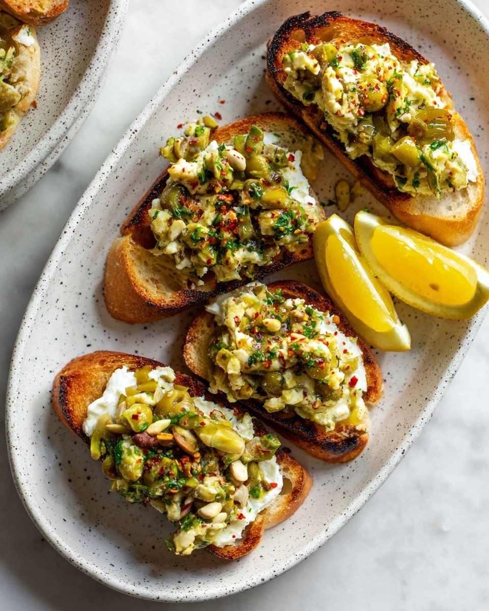 Four pieces of toasted bread with a golden-brown crust sit on a white speckled oval plate on a white marbled surface. Each toast is topped with a thick layer of soft white cheese, followed by a chunky mix of green olives, chopped nuts, and finely chopped herbs sprinkled with red pepper flakes. Two lemon wedges rest on the side of the plate, adding a bright yellow contrast to the earthy tones of the toasts. Photo taken with an iphone --ar 4:5 --v 7