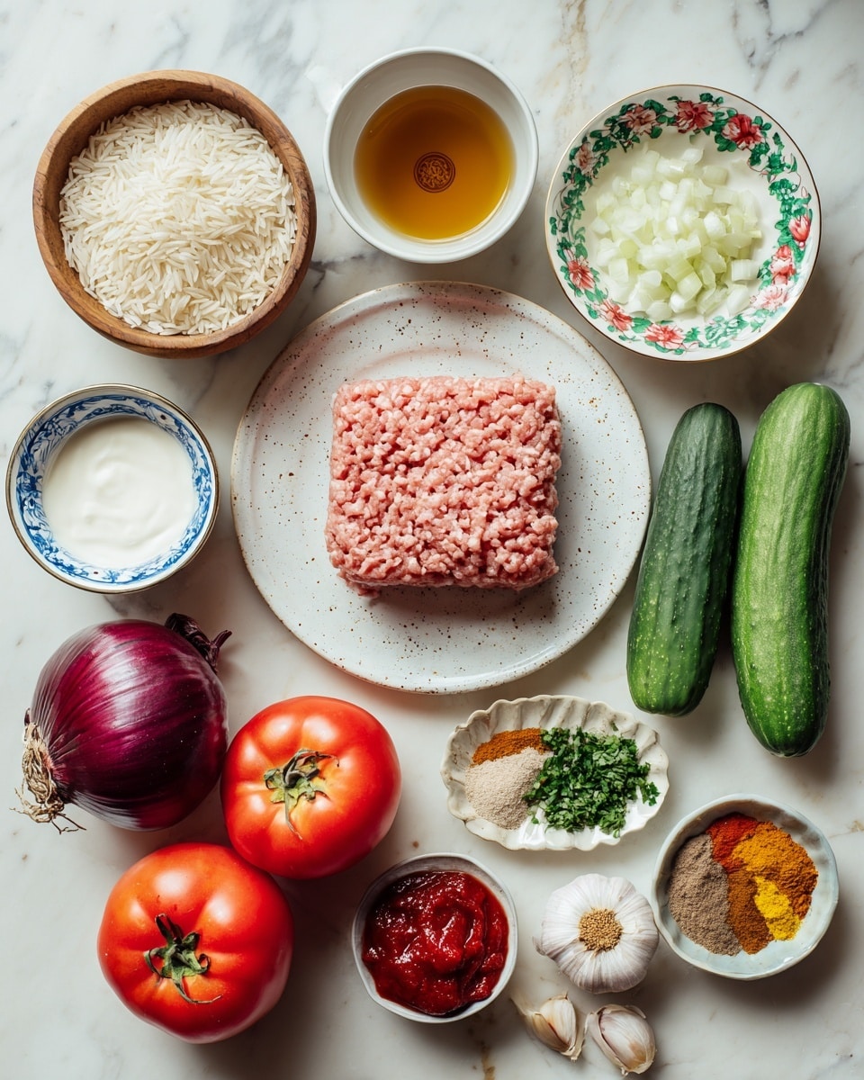 The image shows a collection of fresh cooking ingredients arranged neatly on a white marbled surface. At the center is a white plate with a speckled pattern holding a block of pink ground turkey. Below to the right, a small white bowl contains chopped white onion. Above this, a white bowl with green floral pattern holds light brown broth. Next to it is a small round dish with amber vinegar. To the left of the turkey is a wooden bowl filled with uncooked white rice. Above the rice, a small white bowl with a blue floral design contains creamy white yogurt. To its right, a small light blue bowl holds bright red tomato paste. On a larger white plate, vibrant red whole tomatoes rest, accompanied by three green cucumbers, finely chopped green herbs, and two garlic cloves. A large deep purple-red whole onion sits to the left. A collection of diverse spices in powder form in warm shades is arranged in a small pile near the top right. The whole arrangement is bright and colorful, showing fresh raw ingredients ready for cooking. Photo taken with an iphone --ar 4:5 --v 7