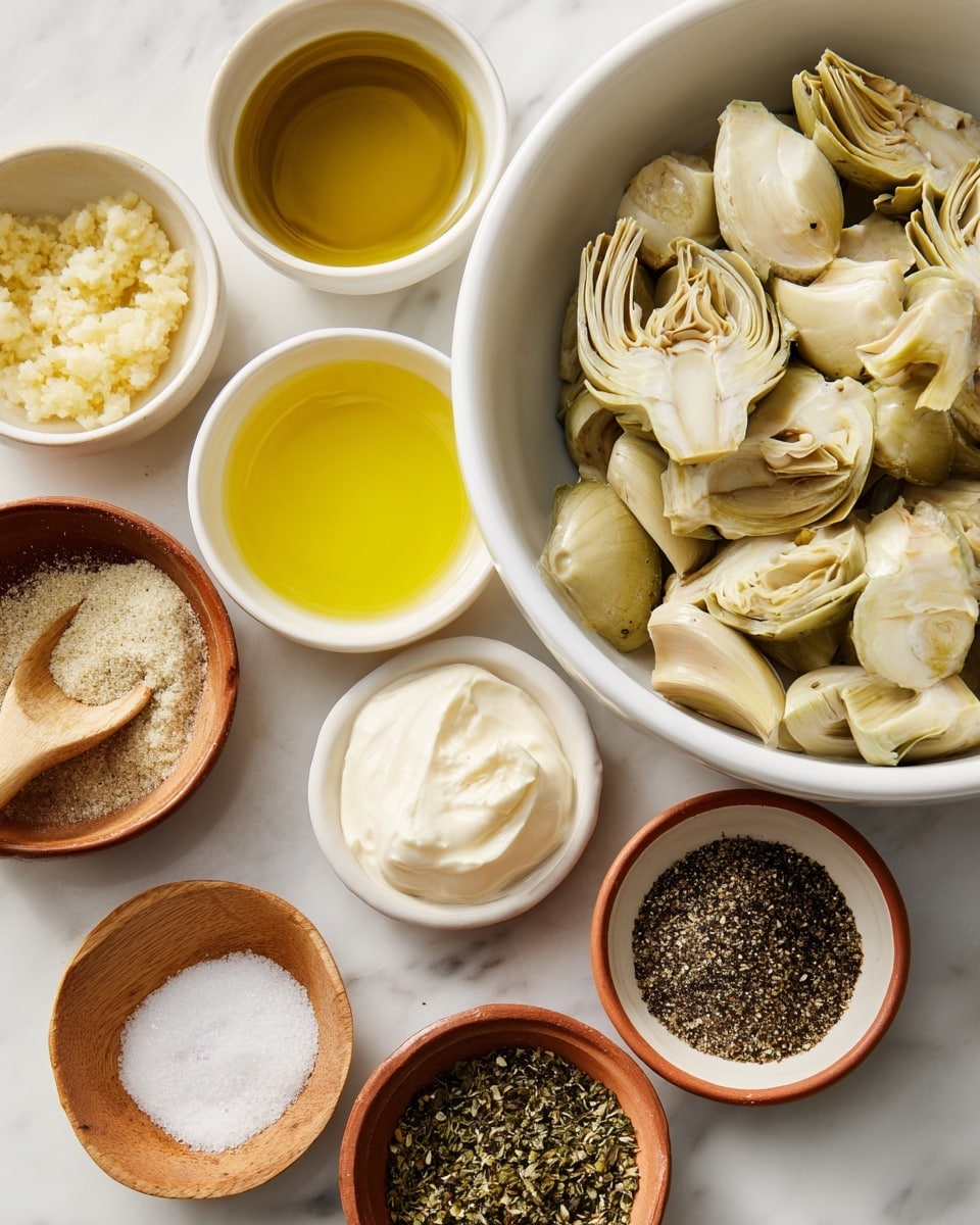 A large white bowl filled with frozen artichoke hearts that are pale green and creamy white in color sits on a white marbled surface. Surrounding the bowl are six small round bowls with terracotta rims, each containing different ingredients: one holds smooth, shiny, pale yellow lemon juice; another has dark golden olive oil; a third contains a creamy white scoop of mayonnaise in a wooden bowl; one has crushed garlic that looks soft and light yellow; another bowl is filled with coarse salt mixed with black pepper; and the last one holds dried Italian seasoning with mixed green and brown herbs. The scene is well lit, showing clear textures and colors across the bowls. photo taken with an iphone --ar 4:5 --v 7