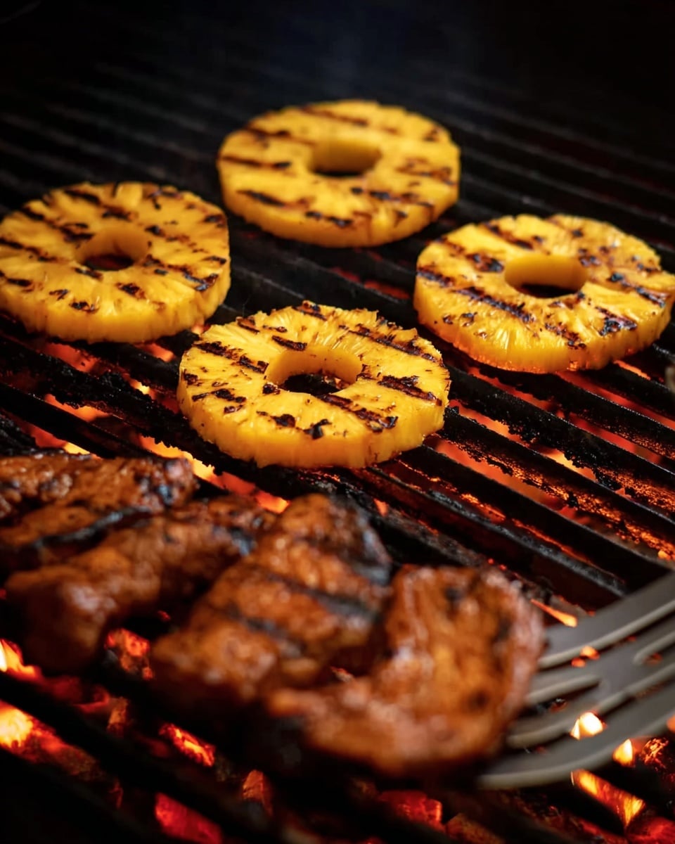 The image shows a close-up of grilled pineapple rings and pieces of cooked meat on a grill. There are four pineapple rings placed on the black grill grates, each with dark grill marks that create a contrast with the bright yellow of the pineapple flesh. The grill is hot, with glowing red and orange charcoal beneath, adding warmth and intensity to the scene. In the lower part of the image, pieces of browned, juicy meat are grilled, showing a textured surface with a mix of dark char marks and golden-brown colors. A metal spatula is lifting one of the pineapple rings, hinting at the cooking process. The background is dark, highlighting the glowing coals and the food on the grill. Photo taken with an iphone --ar 4:5 --v 7