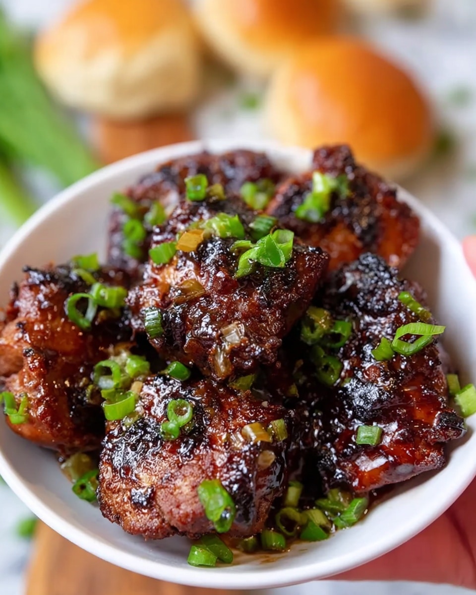 A close-up view of a white bowl filled with several pieces of grilled meat that are dark brown with shiny glaze and charred spots, giving a caramelized look. The meat pieces are topped with fresh chopped green onions scattered unevenly across the surface, adding bright green color contrasts. The bowl is held by a woman's hand and the background shows a soft focus of round buns and some green elements on a white marbled surface. photo taken with an iphone --ar 4:5 --v 7
