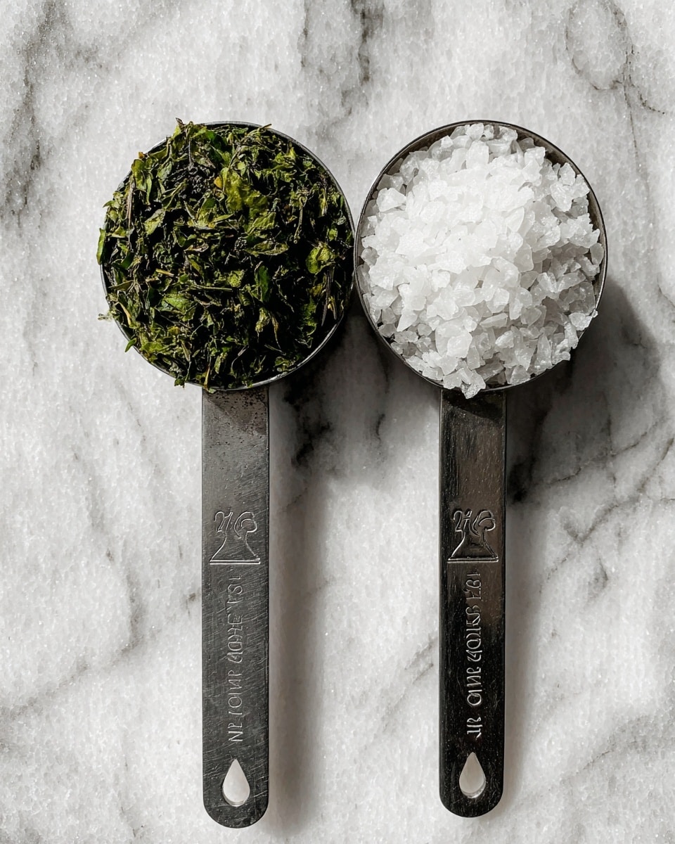 Two metal measuring spoons lay side by side on a white marbled texture. The left spoon measures 1/2 cup and holds dark green dried herbs with a rough texture and small curled leaves filling the spoon. The right spoon measures 1 cup and is filled with coarse white salt crystals that have a chunky, grainy appearance. Both spoons have flat, matte handles with measurement engravings clearly visible. The image has soft, natural lighting, showing detail and texture vividly, photo taken with an iphone --ar 4:5 --v 7