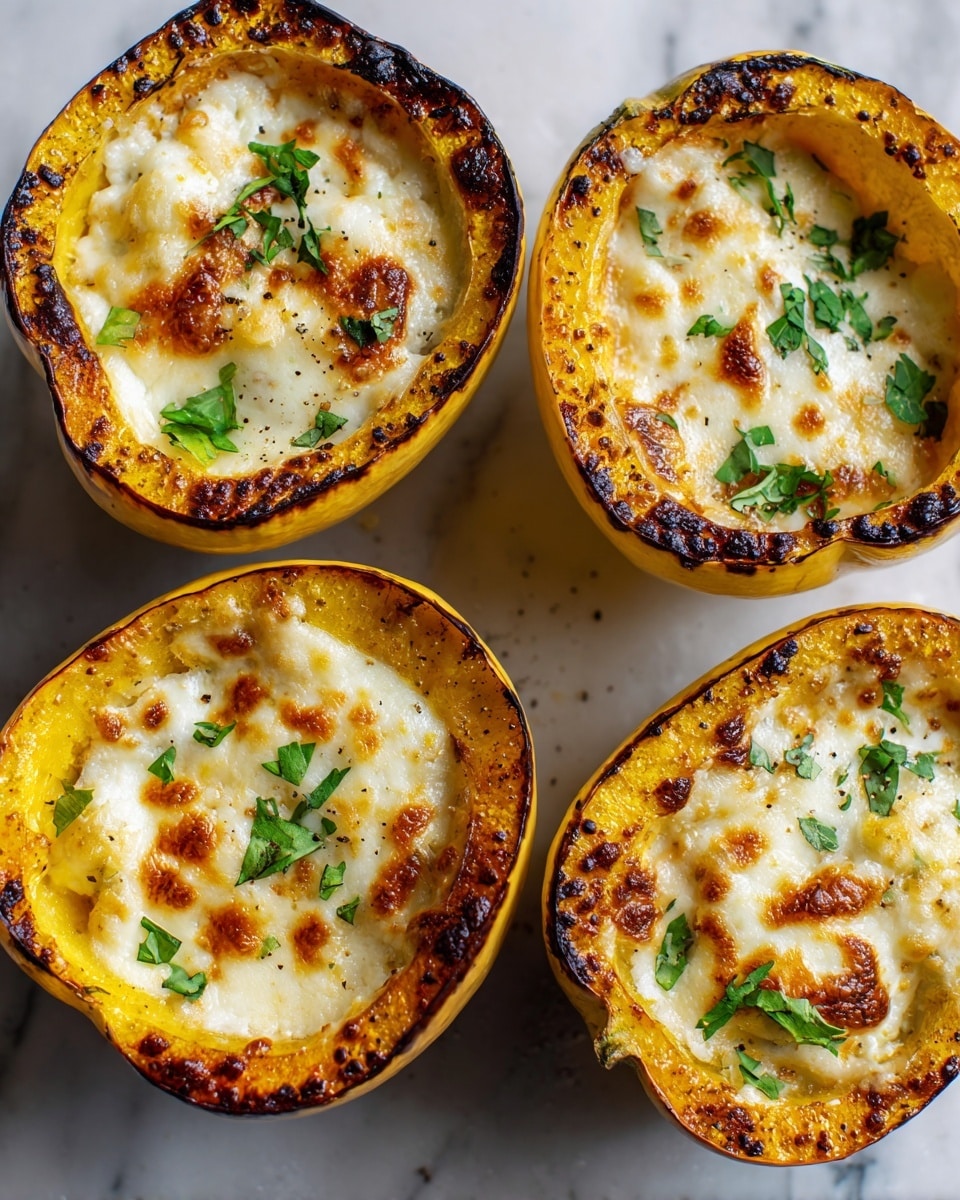 The image shows four halves of roasted spaghetti squash with visible toasted golden yellow flesh and slightly browned edges. Each half has a soft, creamy white layer of melted cheese in the center, topped with small patches of browned spots from baking. Fresh chopped green herbs are sprinkled evenly over the squash and cheese, adding vibrant color. The squash rests on a white marbled textured surface that is lightly stained with baked cheese and bits of herbs. The contrast of the bright golden squash, white melted cheese, and green herbs creates a warm, appetizing look. photo taken with an iphone --ar 4:5 --v 7