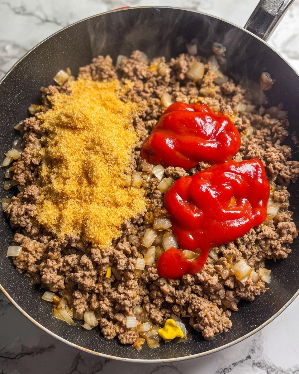 A large black pan filled with cooked ground beef mixed with small pieces of cooked onions, forming a base layer of light brown and white bits. On top, there are two piles of golden brown sugar, sprinkled unevenly across the left and center parts of the meat. To the right of the brown sugar, there are two dollops of bright red ketchup with small patches of yellow mustard peeking through. Steam rises gently from the hot mixture. The pan sits on a white marbled surface. Photo taken with an iphone --ar 4:5 --v 7
