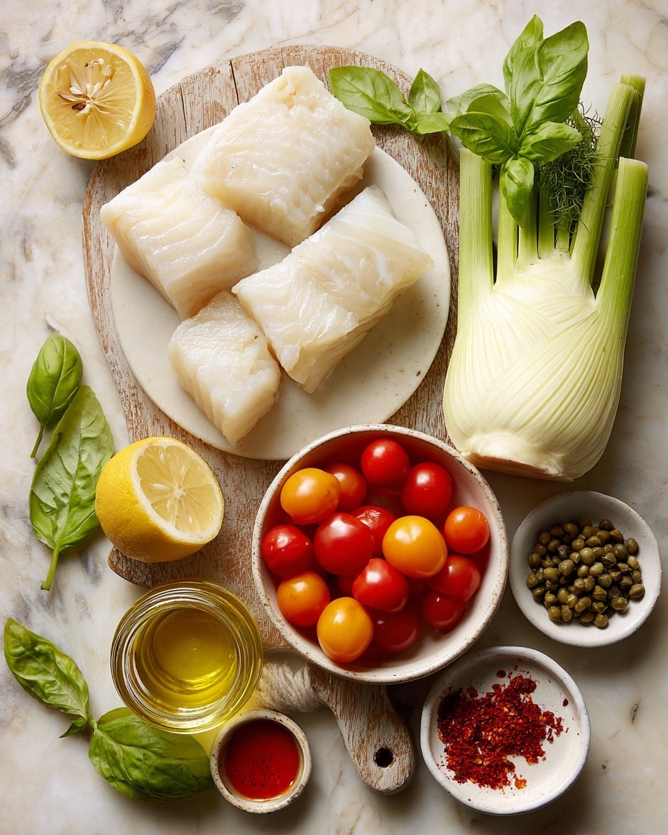 The image shows a round white marble textured plate holding a wooden round board filled with various ingredients. There are four thick white cod fillets stacked on a white plate placed on the wooden board near the top left. Next to the cod, to the right, is a large whole fennel bulb with long green stalks and light green leaves. A bunch of fresh green basil leaves rests next to the fennel toward the middle right. A small white bowl filled with red and orange cherry tomatoes is placed in the center of the wooden board. Near the lower left edge is a halved lemon showing its yellow inside. A small white bowl with green capers is near the lemon. To the left of the tomatoes is a glass jar filled with golden olive oil. There is also a small oval dish with red chili flakes and two small white bowls near the lower right with honey and vinegar. The whole arrangement is on a white marbled surface. Photo taken with an iphone --ar 4:5 --v 7