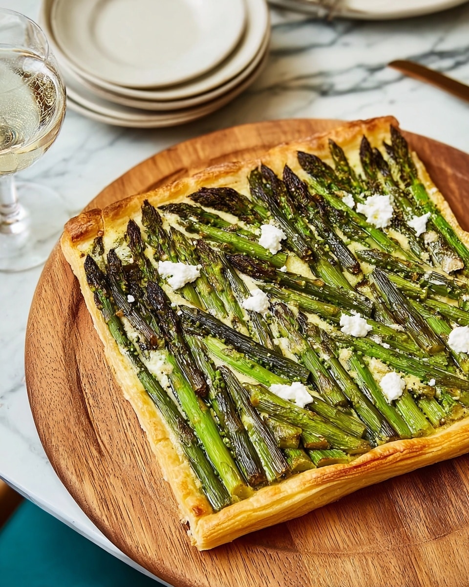 A square flat tart sits on a wooden board, topped with an even layer of green asparagus arranged in neat diagonal rows creating a chevron pattern. The asparagus has a roasted texture with some darker char marks, and small dollops of white creamy cheese are scattered across the surface. The tart crust is golden brown and flaky, forming a thick border around the toppings. The wooden board rests on a white marbled surface with a glass of clear sparkling water and a stack of white plates nearby. photo taken with an iphone --ar 4:5 --v 7