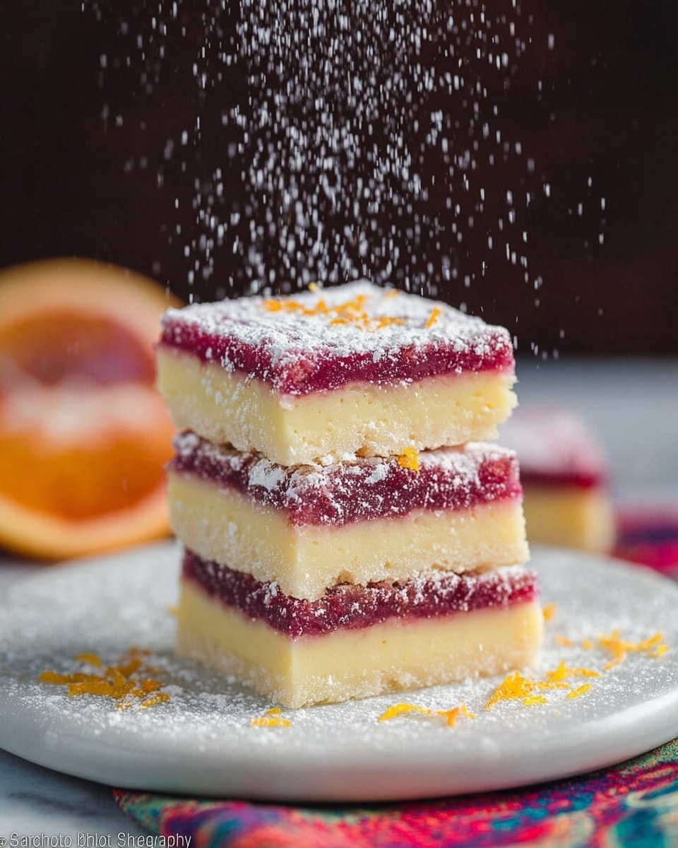 The image shows a stack of three square bars on a round white plate, placed on a white marbled surface with a colorful cloth underneath. Each bar has two layers: a thick creamy yellow bottom layer with a smooth texture and a slightly thinner dark pink top layer that looks soft and slightly crumbly. Powdered sugar is falling gently from above, covering the top bar and the surface around it, with scattered small bits of orange peel adding a bright contrast. The background is dark and blurred, making the bars stand out clearly. Photo taken with an iphone --ar 4:5 --v 7