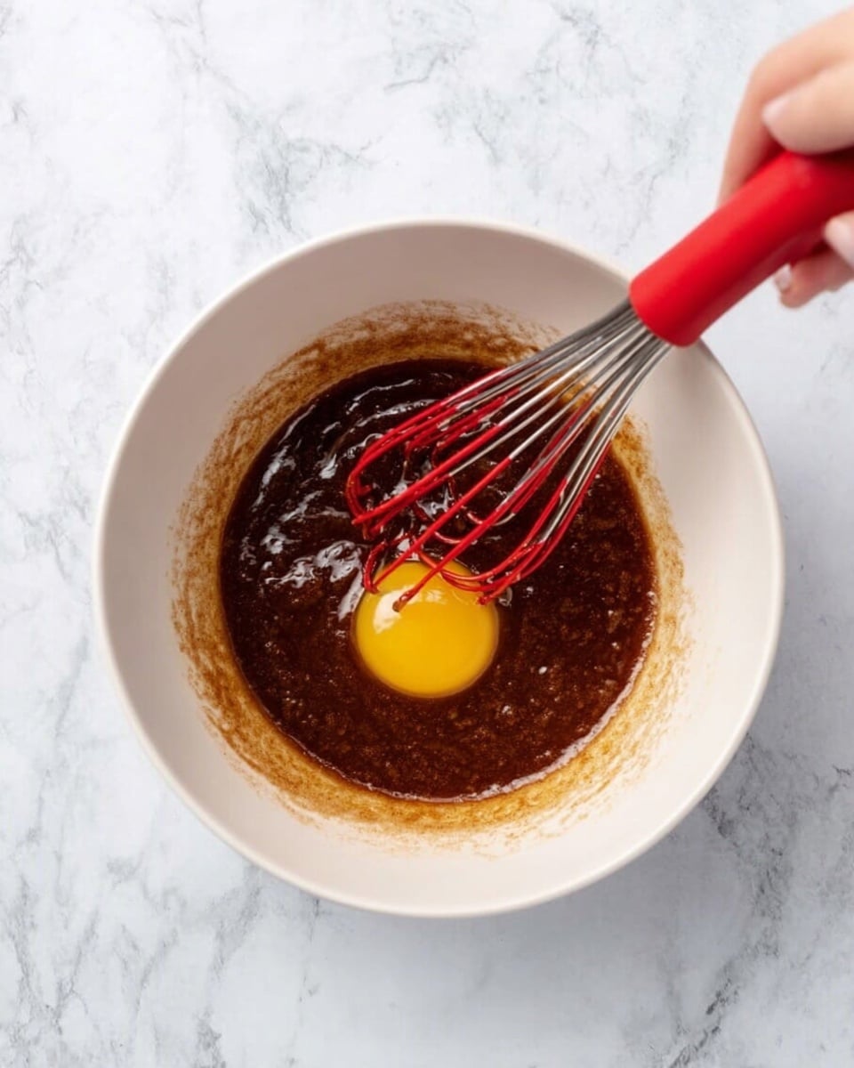 A white bowl sits on a white marbled surface, containing a mixture of dark brown batter with a raw yellow egg yolk on top. A red whisk with a silver handle is partially dipped into the batter, held by a woman's hand reaching from the top left corner. The smooth texture of the batter contrasts with the shiny, smooth egg yolk resting on its surface. Photo taken with an iphone --ar 4:5 --v 7