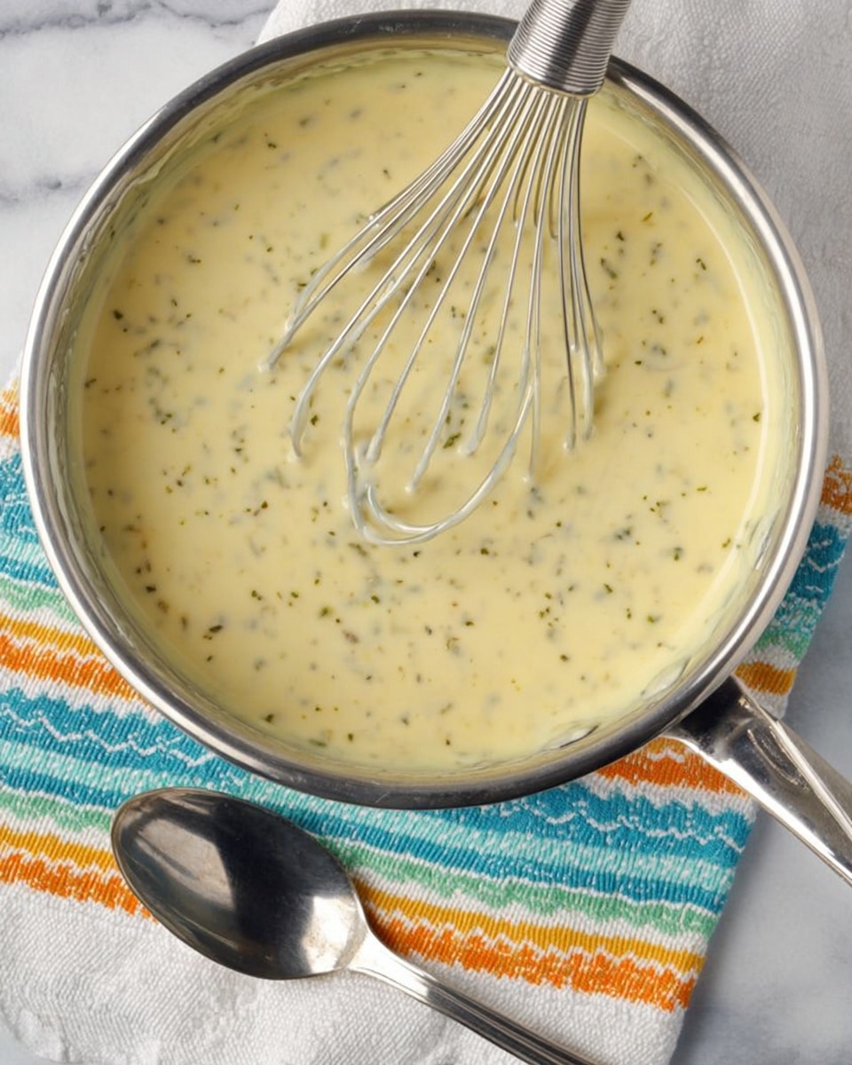 The image shows a silver pot filled with thick, creamy white sauce mixed with small green and brown herb pieces, giving it a speckled texture. A metal whisk with a spiral design is resting inside the sauce, partially submerged and holding some of the sauce. The pot is placed on a white marbled surface next to a silver spoon and a multi-colored striped cloth with wavy lines in orange, green, blue, and yellow. photo taken with an iphone --ar 4:5 --v 7