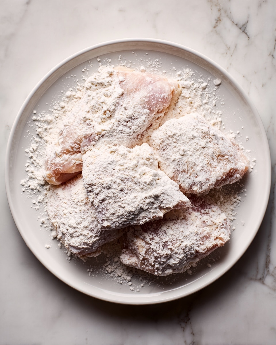 A white plate holds several pieces of raw chicken coated in a thick layer of white flour, creating a powdery texture that covers each piece fully. The pieces of chicken vary in size and shape, slightly overlapping each other on the plate. The plate sits on a white marbled surface with a faint gray pattern visible. The flour creates a soft, dusty look over the pinkish color of the raw chicken beneath. photo taken with an iphone --ar 4:5 --v 7