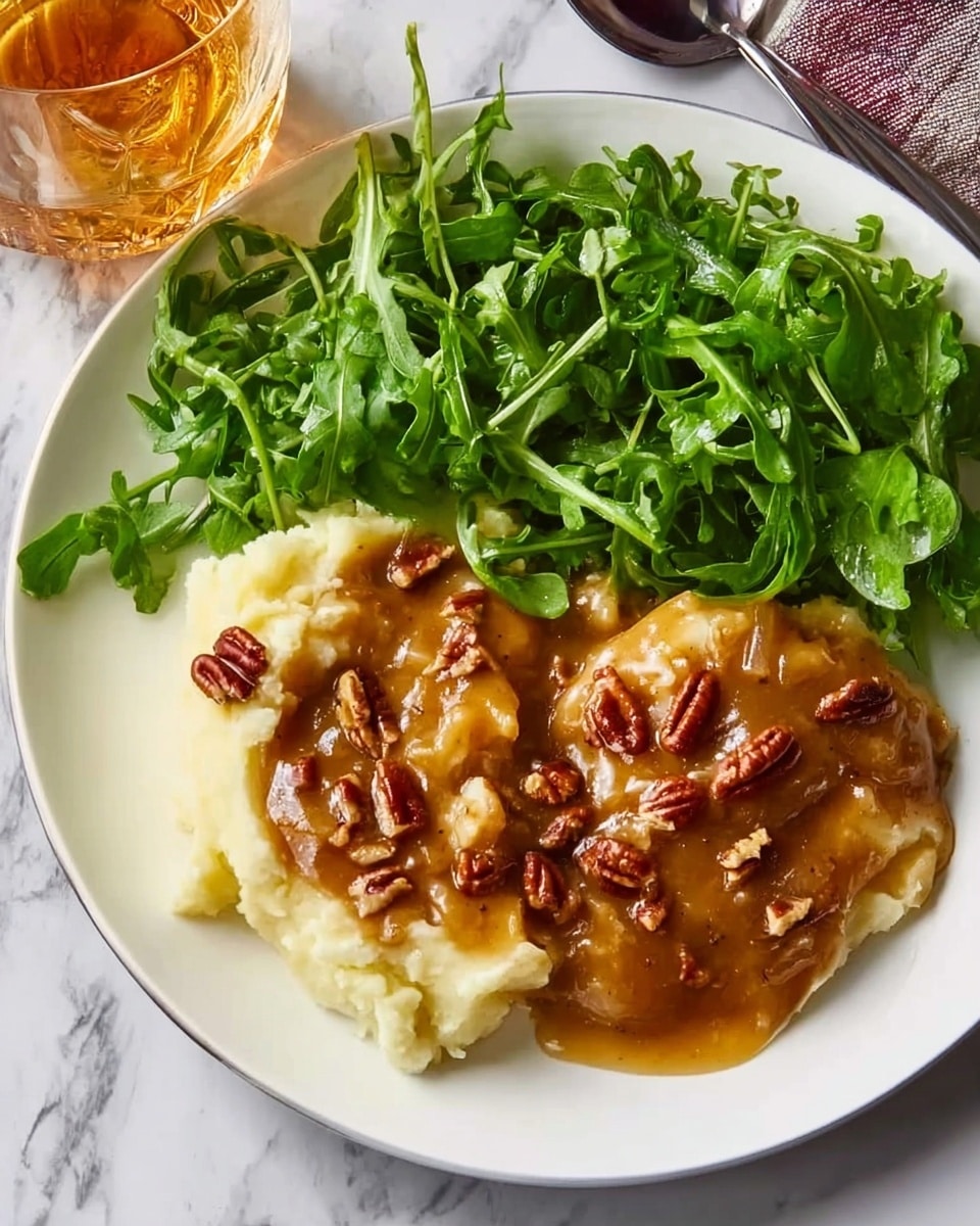On a white plate on a white marbled surface, there is a serving of mashed potatoes in the lower right part, smooth and creamy with a pale yellow color. On top of the mashed potatoes is a layer of thick brown gravy with small pieces of pecans scattered throughout, adding texture. To the left and top side of the plate, there is a fresh arugula salad with bright green leaves that look crisp and lightly dressed. In the top right corner of the frame, a glass with a golden drink is partially visible. Photo taken with an iphone --ar 4:5 --v 7