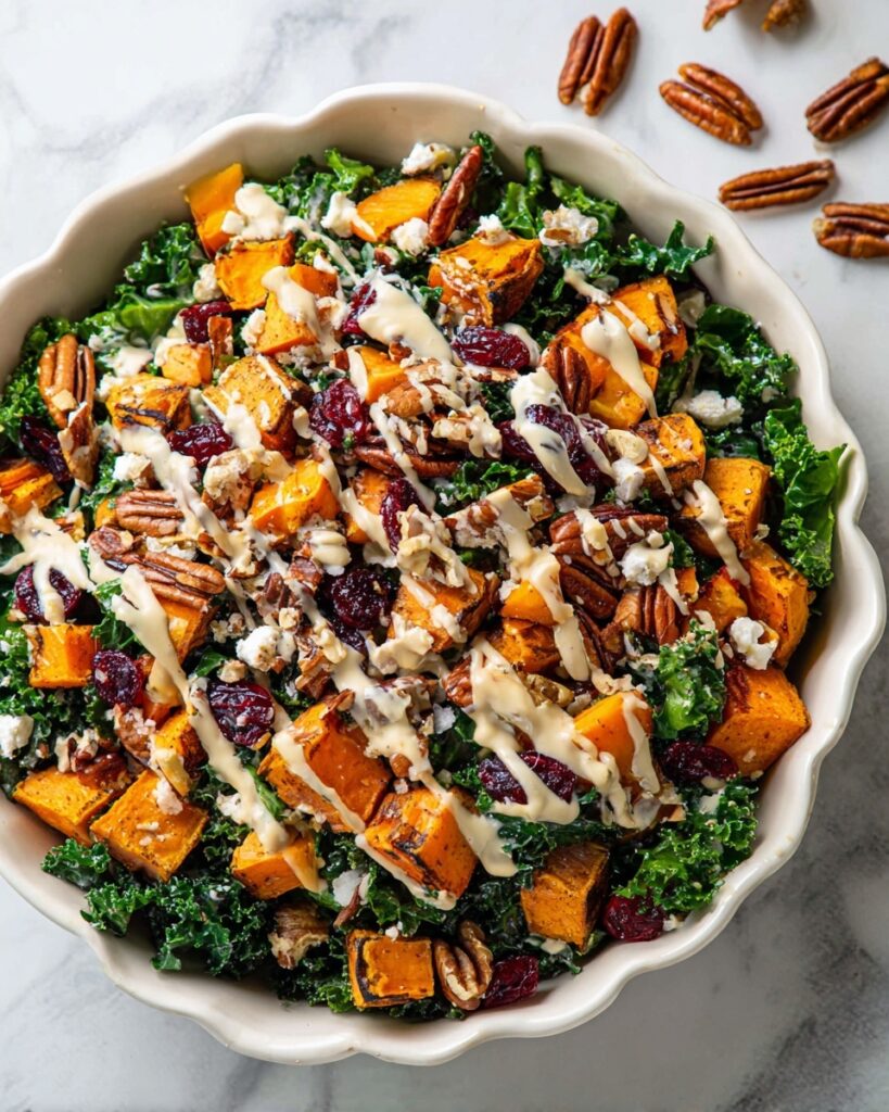Sweet Potato Kale Salad with Maple Candied Pecans and Tahini Maple Dressing Recipe