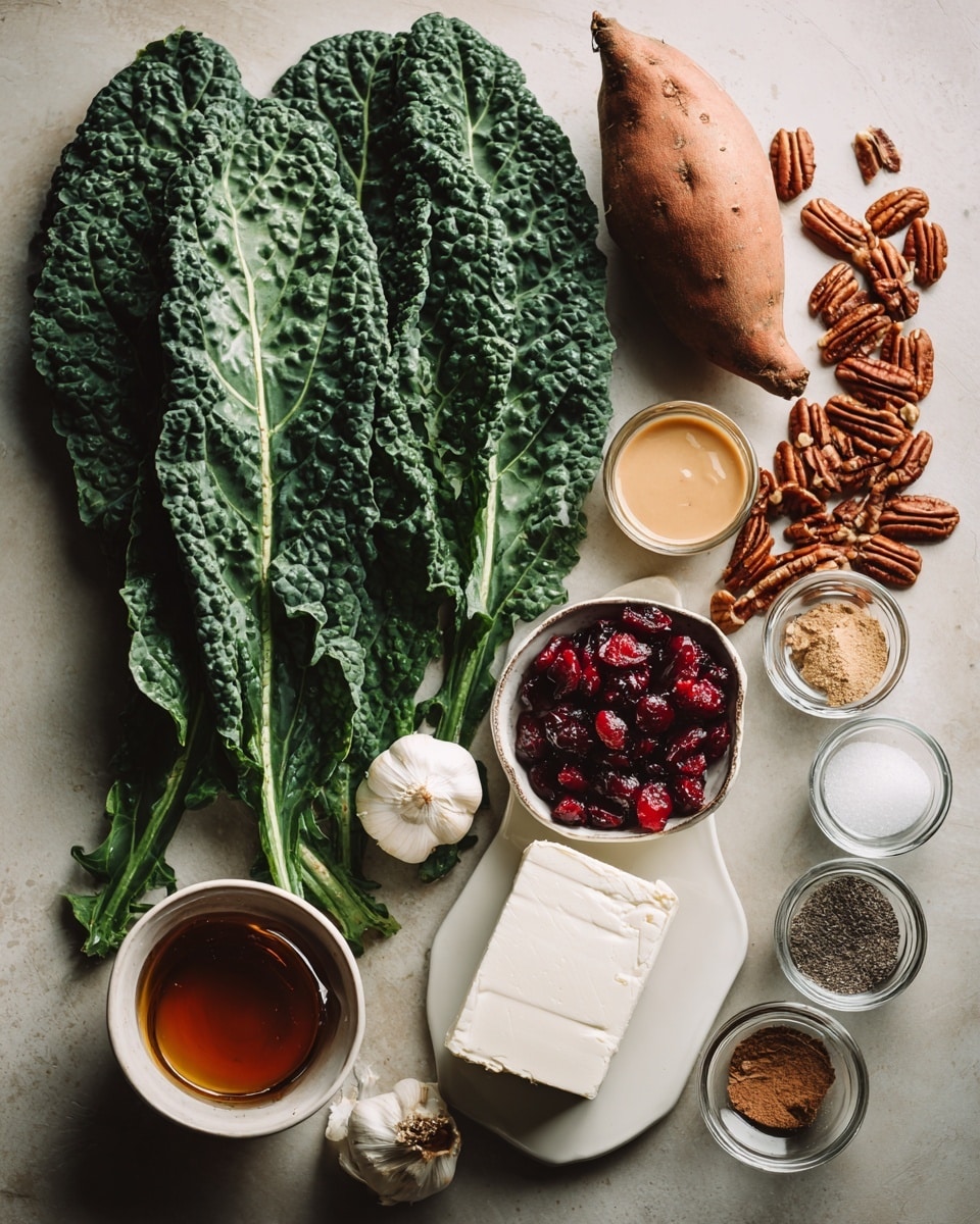 The image shows a collection of fresh ingredients arranged on a light surface with a slightly warm tone. There is a large bunch of dark green dino kale leaves with a bumpy and textured look placed on the left side. To the right of the kale, there is a small whole sweet potato with light brown skin. Around these main items, smaller dishes and containers hold various elements: a rectangular block of white feta cheese near the center bottom, a small white bowl of red cranberries, a small white bowl of pale tan tahini, a clear glass bowl with amber-colored maple syrup, and a white bowl with pecan halves. There are also small clear containers with powders and spices in soft brown, white, and black shades labeled vanilla extract, garlic powder, cinnamon, pepper, and salt. A white garlic clove rests near the sweet potato. The scene is lit softly, emphasizing the natural colors and textures of the ingredients. photo taken with an iphone --ar 4:5 --v 7