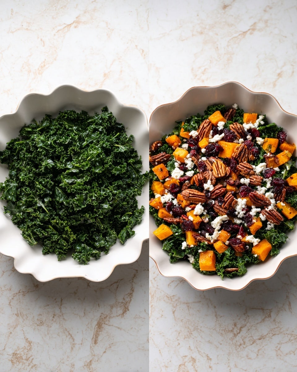Two white scalloped bowls are shown from above on a white marbled surface. The left bowl contains finely chopped dark green kale leaves, with a slightly wet texture. The right bowl shows a layered kale salad: the base is the same chopped kale, topped with small orange cubes of roasted squash, dark red dried cranberries, brown pecans scattered evenly, and white crumbled cheese sprinkled on top. The colors contrast nicely, and the textures range from leafy to crunchy and soft. Photo taken with an iphone --ar 4:5 --v 7