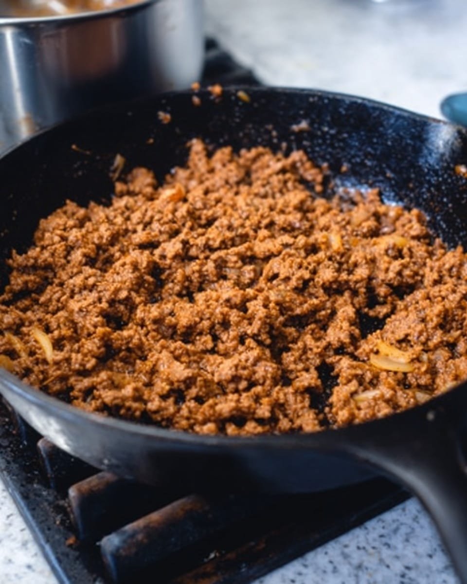A close-up image of a black cast iron pan filled with cooked ground meat that is brown and crumbly, with small pieces of onion mixed in. The pan is sitting on a stove with metal grates visible under the pan. To the left side, there is a stainless steel pot partially visible. The background surface is a white marbled texture. The photo looks warm and homey, showing the texture of the cooked meat clearly. photo taken with an iphone --ar 4:5 --v 7