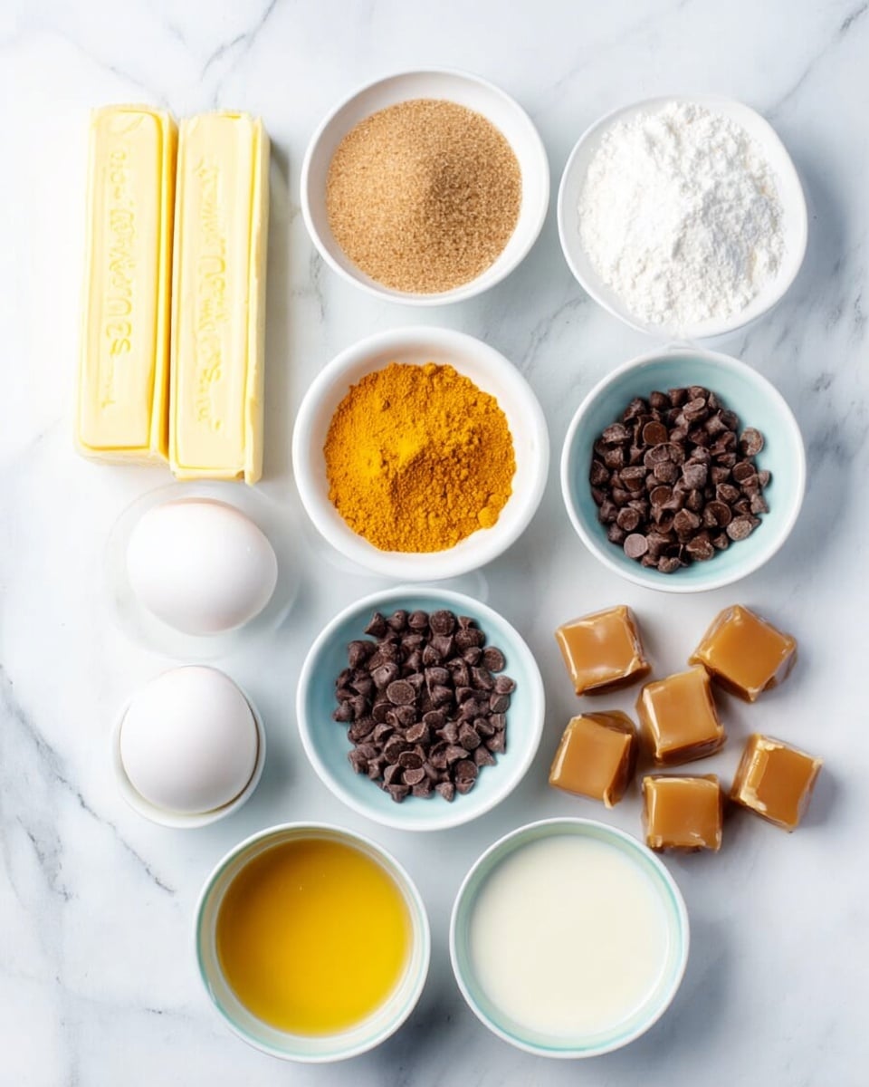 The image shows ingredients neatly placed on a white marbled surface. There are three small white bowls filled with light brown sugar, white flour, and white granulated sugar arranged in a triangle at the top. Below them, two sticks of yellow butter lie next to a small white bowl with bright turmeric powder and another bowl filled with small dark brown chocolate chips. Two white eggs rest beside the chocolate chips. At the bottom, four small white bowls are arranged in a square; they contain white salt, a golden-yellow liquid (likely vanilla), a pale liquid (possibly milk), and a light yellow liquid (likely oil). To the right, several wrapped light brown caramel cubes are scattered. Photo taken with an iphone --ar 4:5 --v 7