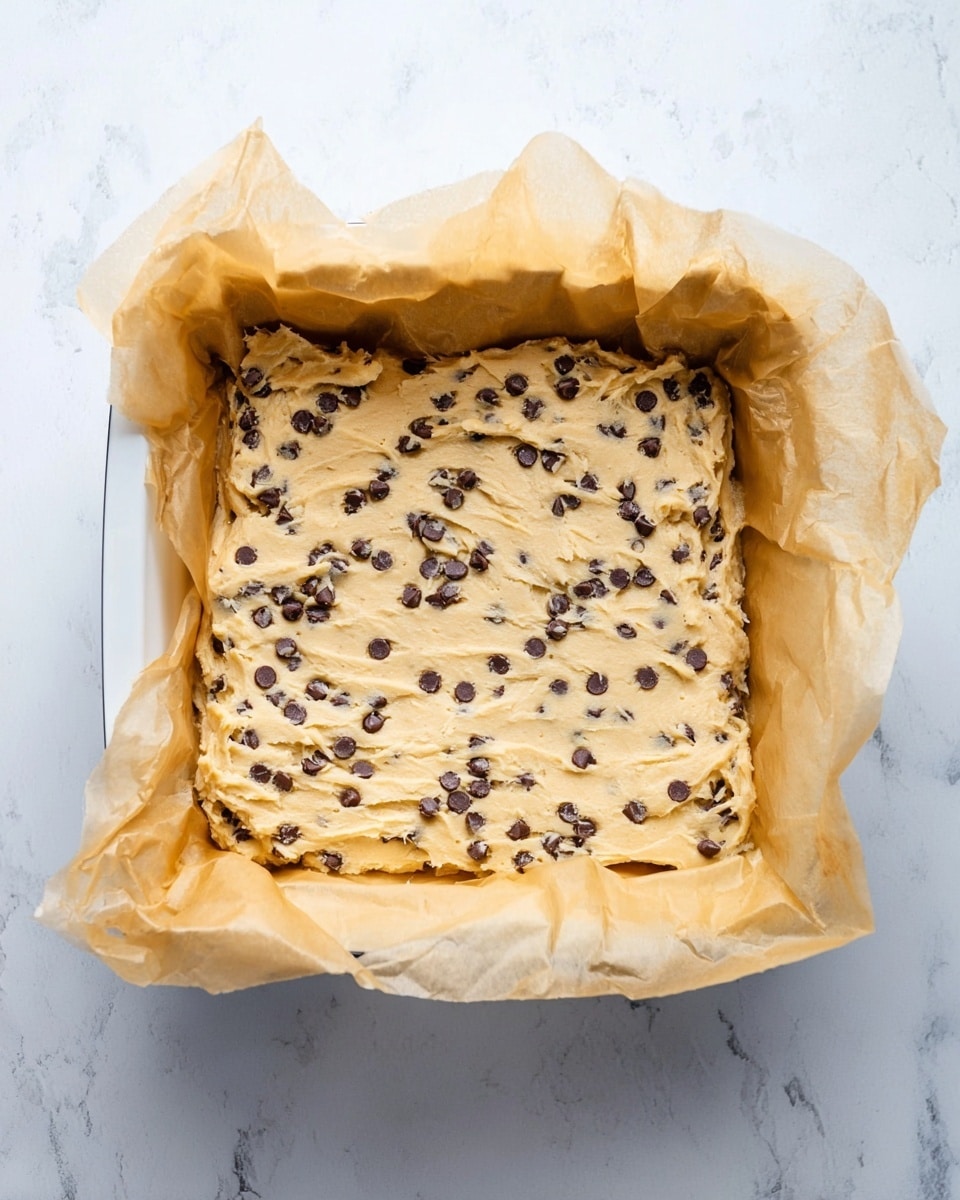 A white square baking dish lined with wrinkled brown parchment paper holds cookie dough spread evenly inside. The dough is creamy beige with many small dark chocolate chips scattered throughout, making the texture look slightly bumpy. The baking dish rests on a white marbled surface that adds a clean and bright background to the image. Photo taken with an iphone --ar 4:5 --v 7