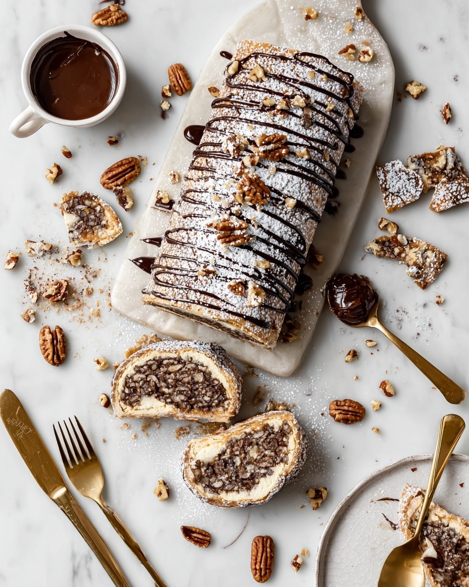 The image shows a nut-studded dessert log with a flaky light brown outer layer dusted with powdered sugar and chopped pecans, drizzled with dark chocolate syrup on top. The log is partly sliced to reveal two thick slices with a dense, textured filling made up of dark brown nut pieces inside a lighter brown dough. Around the dessert are scattered broken pieces of the flaky crust and chopped pecans. A small white bowl with smooth dark melted chocolate sits near the dessert, and a golden spoon with some chocolate rests on the white marbled surface. Nearby, a white plate holds two golden forks and a golden spoon. photo taken with an iphone --ar 4:5 --v 7