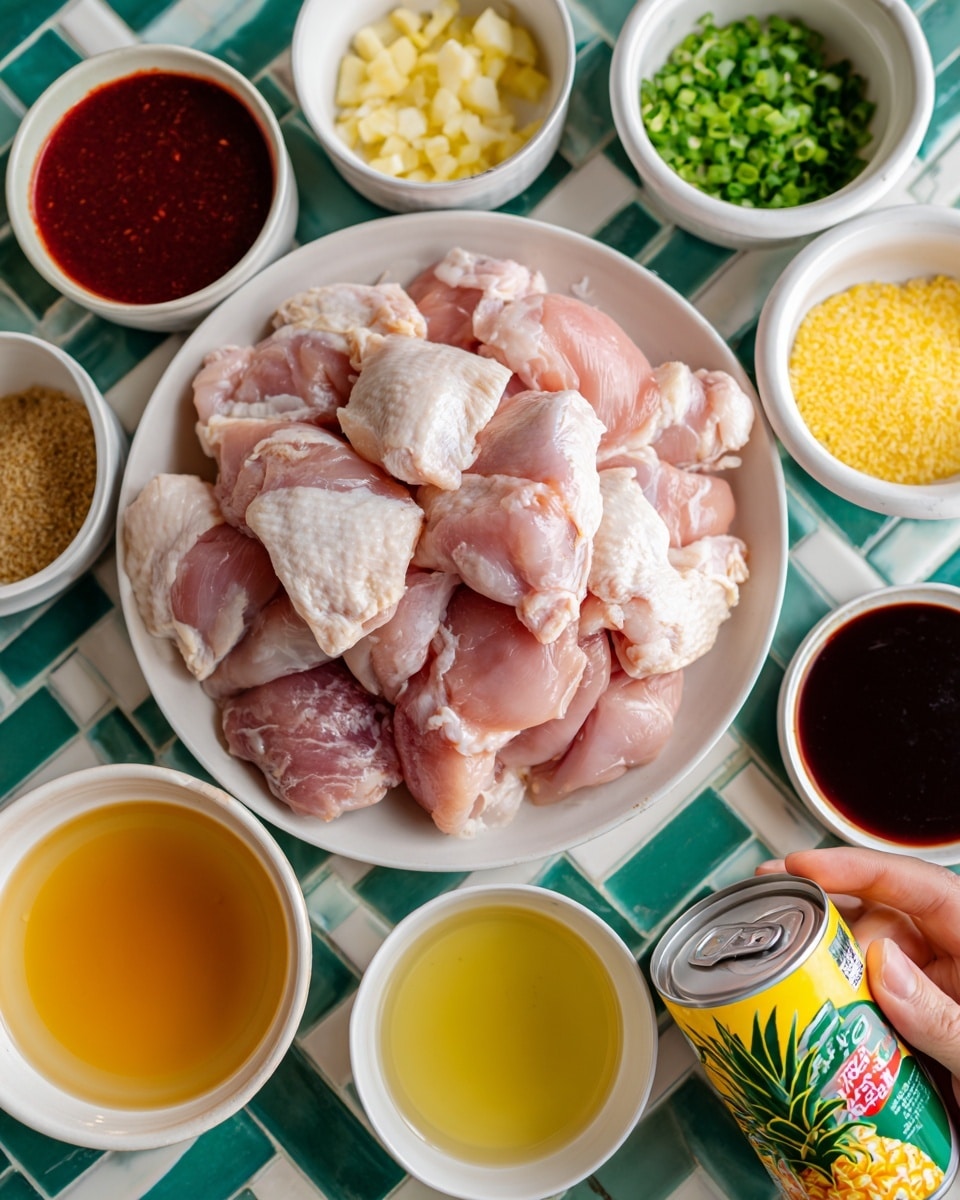 A white plate filled with raw chicken pieces is placed at the top center, surrounded by small white bowls holding different ingredients: chopped green onions with a bright green texture at the top right, finely grated ginger with a yellowish color below it, and a bowl of dark soy sauce to the right. Below the chicken plate, a bowl of rich, dark red BBQ sauce sits in the center. To the left, there is a small bowl of golden-brown sesame oil and another bowl of finely chopped garlic with a light yellow tone below it. Near the bottom right, a small bowl with clear light yellow vegetable oil is placed next to an opened can of pineapple juice and slices, featuring a yellow and green label with pineapple imagery. All items are arranged on a white marbled surface with teal and white tile patterns in the background, with a woman's hand touching the edge of the can. photo taken with an iphone --ar 4:5 --v 7