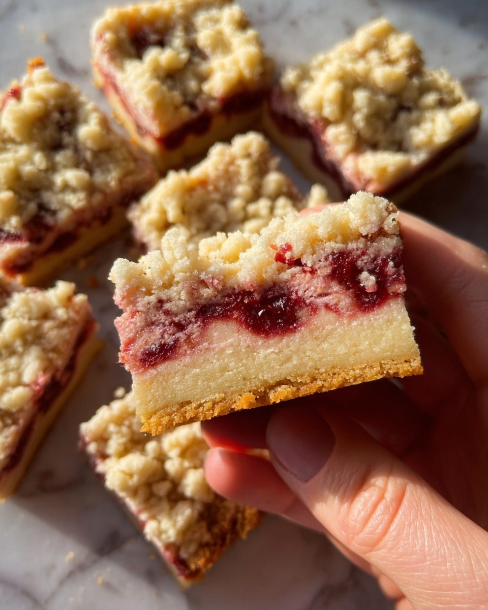 A close-up of a square bar held by a woman's hand, showing three clear layers: a thick, light golden crust at the bottom, a middle layer of pinkish-red fruit filling with textured swirls, and a crumbly pale beige streusel topping spread unevenly over the filling. In the background, several more cut bars lie on a white marbled surface, all with the same three layers and crumbly texture on top, catching warm natural light. Photo taken with an iphone --ar 4:5 --v 7
