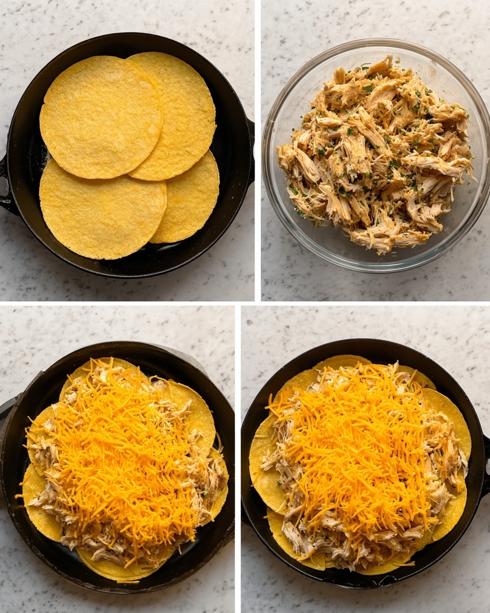 The first image shows four pale yellow corn tortillas stacked inside a black skillet, placed on a white marbled surface next to a clear bowl filled with shredded seasoned chicken mixed with herbs. In the second image, the same black skillet holds a base layer of four corn tortillas arranged in a circular, slightly overlapping shape, topped evenly with the shredded chicken layer in the center, and covered with a thick layer of shredded bright orange cheddar cheese spread across the chicken and edges of the tortillas. The third image zooms in on the skillet, showing the chicken layer fully covered by the dense layer of shredded cheddar cheese, creating a colorful contrast between the orange cheese and light chicken over the pale yellow tortillas, all set on the white marbled surface. Photo taken with an iphone --ar 4:5 --v 7