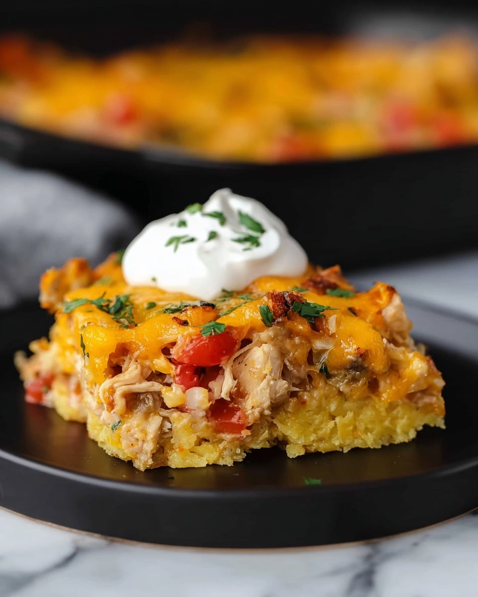 The image shows a slice of layered casserole on a black plate set on a white marbled surface. The bottom layer is a yellow base that looks soft and slightly crumbly, topped by a thick, mixed layer containing chunks of cooked light brown chicken, diced red tomatoes, sautéed onions, and green herbs. Above this, there is a layer of melted orange cheddar cheese with melted spots and some herbs sprinkled on top. Finally, a dollop of white sour cream is placed on the very top, adding a smooth creamy texture. In the background, a black baking dish with more of the casserole is blurred. Photo taken with an iphone --ar 4:5 --v 7