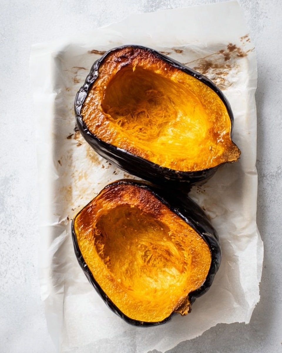 Two halves of roasted squash are placed on white baking paper on a baking sheet. The top half displays a dark, shiny, almost black outer skin with slight caramelized edges. The bottom half shows a bright orange-yellow inside with a smooth texture and some browned edges. The baking paper has dark spots around the squash from roasting. The background is a white marbled texture. photo taken with an iphone --ar 4:5 --v 7