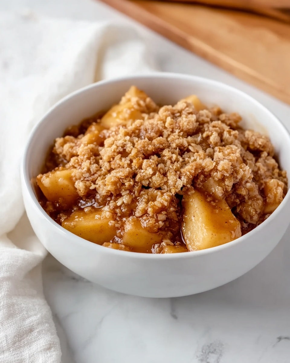 A close-up of a white bowl filled with apple crisp, showing two main layers: the bottom layer with soft, shiny, caramel-colored apple chunks coated in sauce, and the top layer with a thick, crumbly, golden-brown oat topping. The bowl sits on a white cloth, which is placed on a white marbled surface. In the blurred background, there is a wooden board with cinnamon sticks and a white bowl with apples. The photo is taken with an iphone --ar 4:5 --v 7