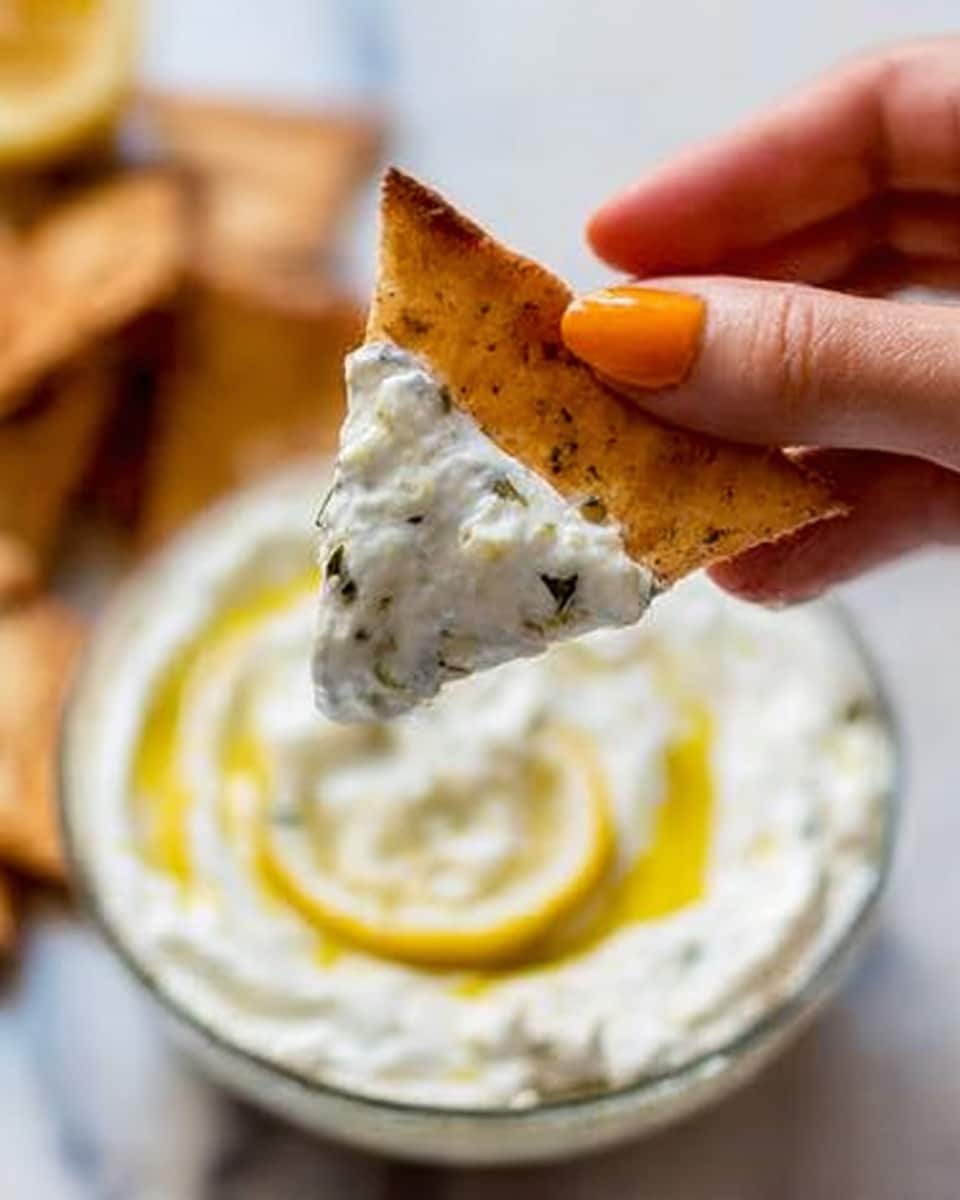 A close-up image shows a woman's hand holding a triangular chip dipped in a creamy white dip with small green and black bits in it. The chip is light brown and slightly crispy. In the background, a transparent bowl sits on a white marbled surface, filled with more of the creamy dip which has a swirl of olive oil on top and a thin lemon slice visible inside. The woman's nails are painted bright orange. Photo taken with an iphone --ar 4:5 --v 7