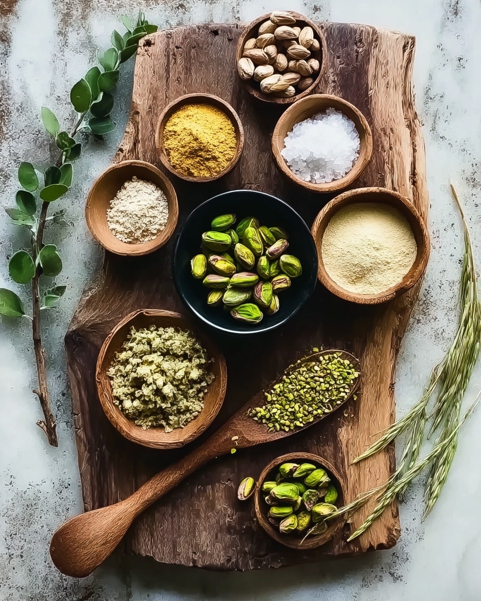 A rustic wooden board holds seven small round bowls and a wooden spoon, each containing different ingredients. The largest bowl is black and filled with whole green pistachios. Around it, there are wooden bowls filled with a light yellow powder, a fine white salt, a darker yellow powder, and some honey-like liquid. Two smaller wooden bowls contain whole green pistachios as well. The wooden spoon holds crushed pistachios. Next to the spoon, a small pile of crushed pistachios and salt is placed on the board. Green leafy sprigs and long green seed stalks rest on the white marbled textured surface under the board. photo taken with an iphone --ar 4:5 --v 7