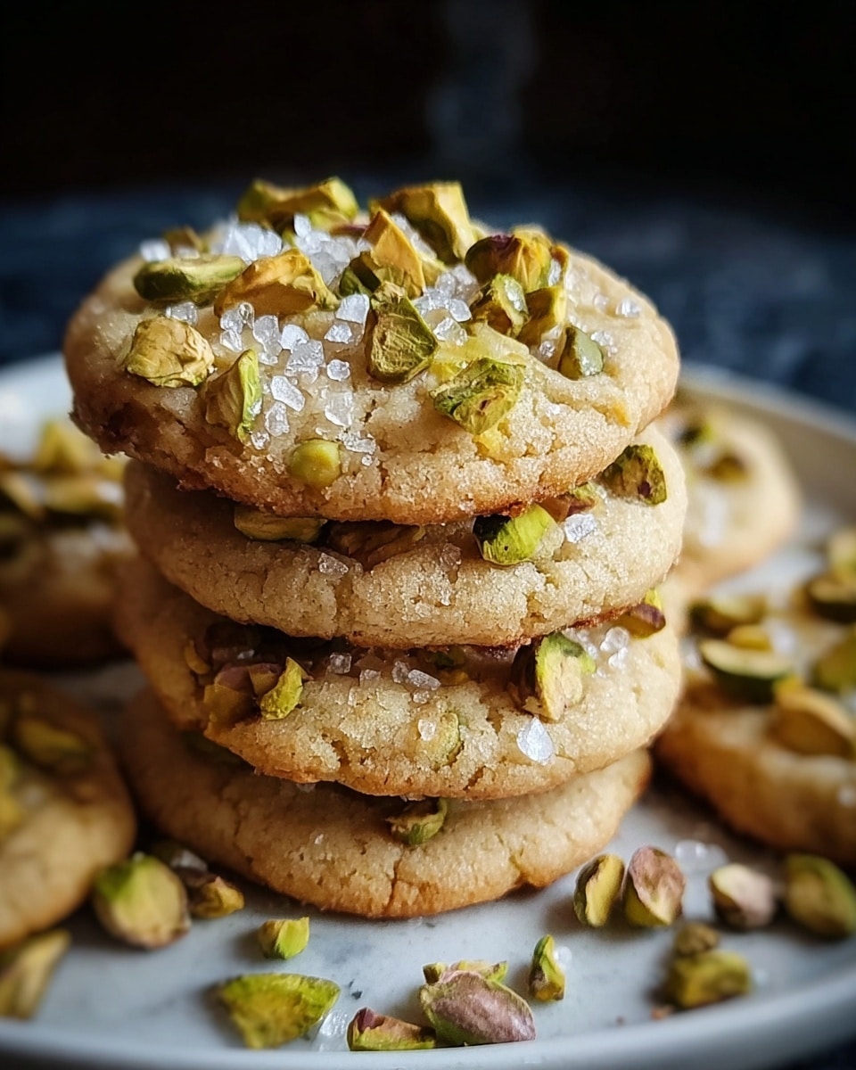 A stack of soft looking light brown cookies topped with large pieces of green and beige pistachios and sprinkled with white coarse salt crystals, all placed on a white plate with a soft focus dark background and a white marbled texture under the plate photo taken with an iphone --ar 4:5 --v 7