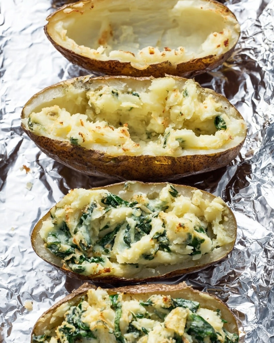 The image shows two layers of potato skins placed on silver foil over a white marbled surface. The top layer has five potato skins, hollowed out with rough, slightly browned edges and soft white insides. The bottom layer shows the same potato skins filled with a creamy mixture that includes mashed potatoes and chopped spinach, giving a mix of light yellow and green colors with a soft, chunky texture. photo taken with an iphone --ar 4:5 --v 7