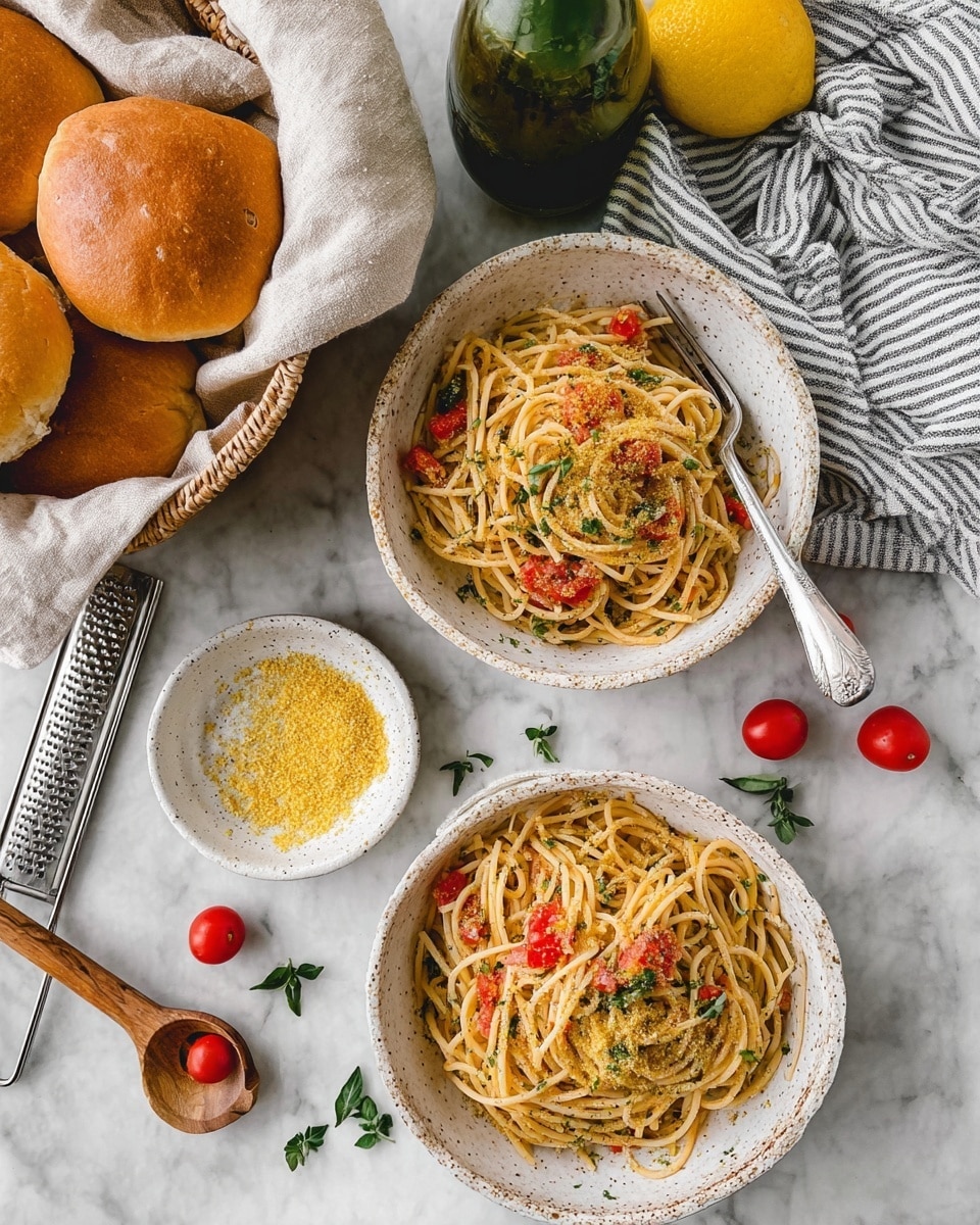 The image shows two white speckled bowls filled with spaghetti mixed with small red cherry tomatoes and green herbs. The spaghetti is brownish-yellow and looks slightly glossy. A woman's hand holds a wooden spoon above the front bowl, sprinkling a pale yellow powder topping on the pasta. The bowls sit on a white marbled surface with a gray and white striped cloth underneath. There is a small white bowl filled with the same pale yellow powder in the bottom left corner. The background includes a blurred second bowl of pasta and a lemon. The lighting is natural and soft, making the dish look fresh and inviting. photo taken with an iphone --ar 4:5 --v 7