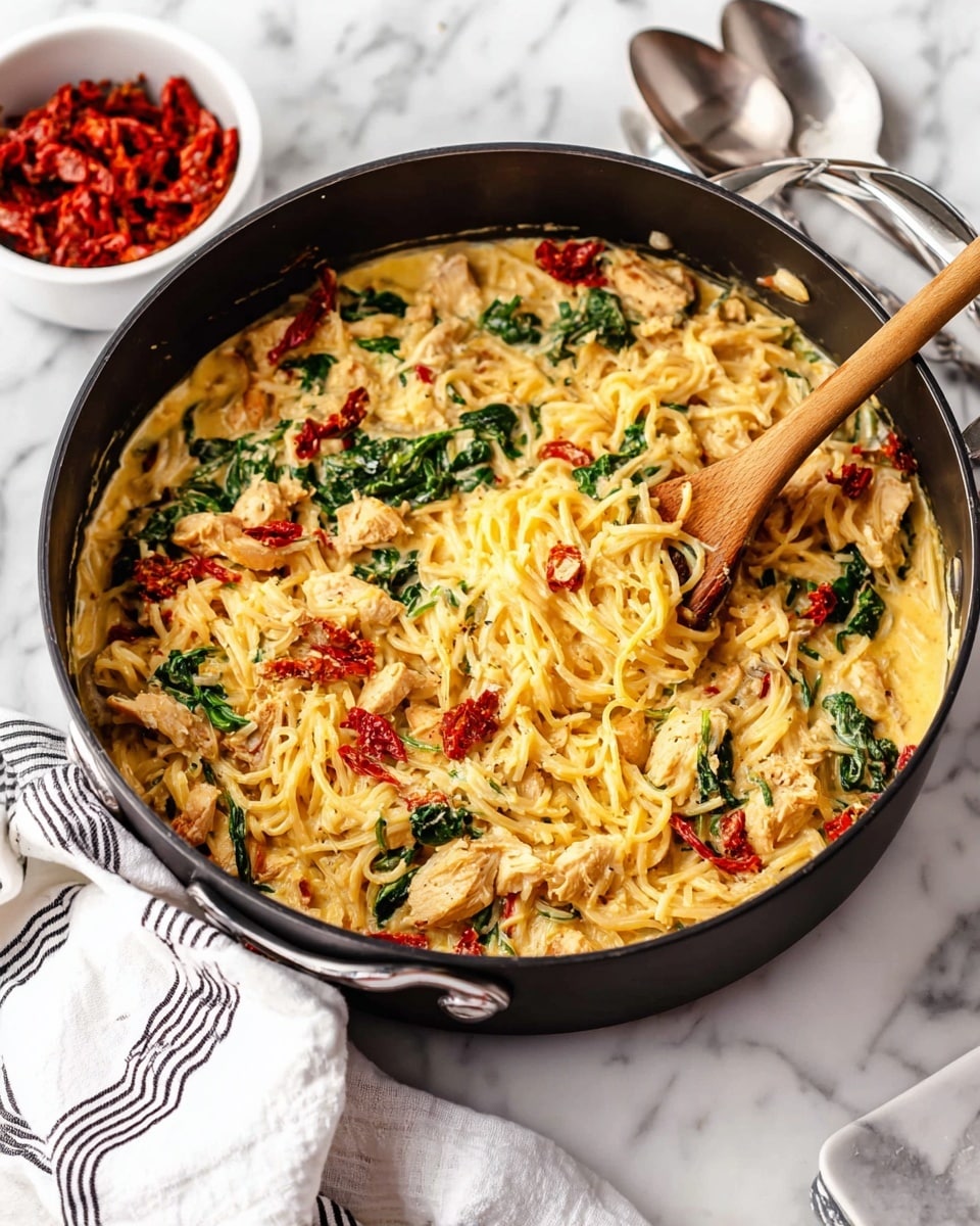 The image shows a close-up of a creamy pasta dish in a white pan, with a woman's hand holding a wooden spoon stirring the pasta. The pasta is light yellow and covered in a thick creamy sauce. Mixed in are several pieces of grilled chicken, which are light brown with a slight char. Bright green spinach leaves and small pieces of red bell pepper add color throughout the dish. The background is a white marbled surface. photo taken with an iphone --ar 4:5 --v 7
