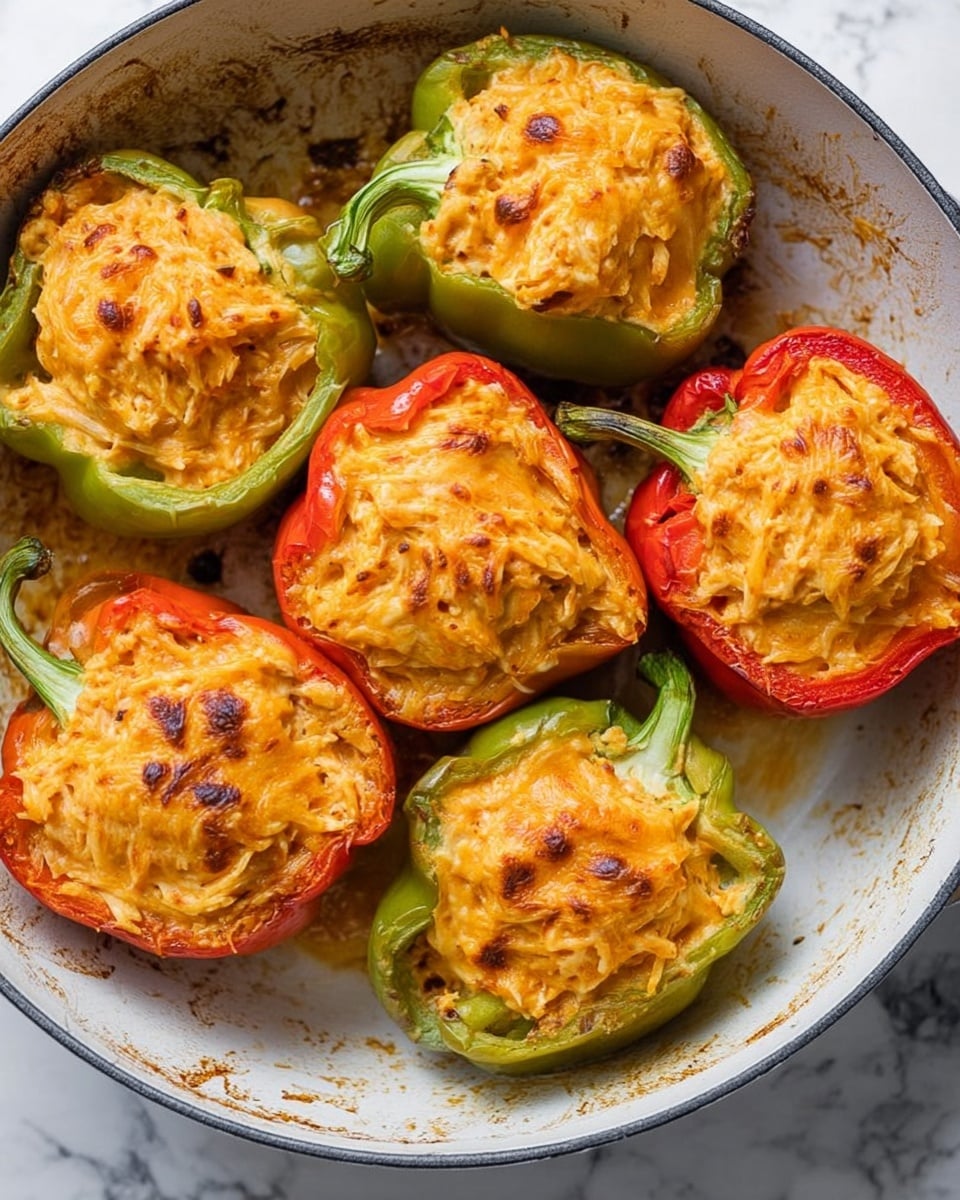 In a large white pan with some toasted spots and oil stains, there are six stuffed bell pepper halves arranged closely. The peppers are a mix of green and red colors, each cut in half lengthwise with the stems still attached. Each pepper half is filled with a thick, creamy, shredded mixture that is light orange with golden browned spots on top, showing some cooked cheese or similar topping. The filling looks soft and slightly textured with visible strands, slightly overflowing the pepper edges. The pan rests on a white marbled surface. photo taken with an iphone --ar 4:5 --v 7