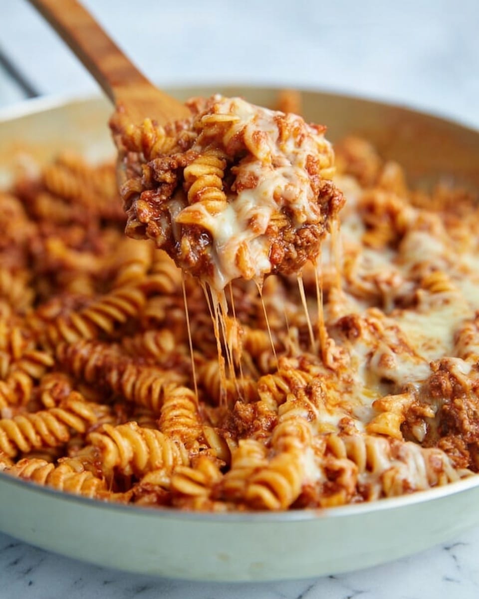 A close-up view of a round, white pan filled with spiral pasta covered in a thick, reddish-brown meat sauce; the pasta is mixed with melted light yellow cheese that stretches in strings as a woman’s hand lifts a wooden spoon holding a scoop of the cheesy pasta, showing layers of textured meat sauce, soft spirals, and melted cheese strands. The background is a white marbled texture. photo taken with an iphone --ar 4:5 --v 7