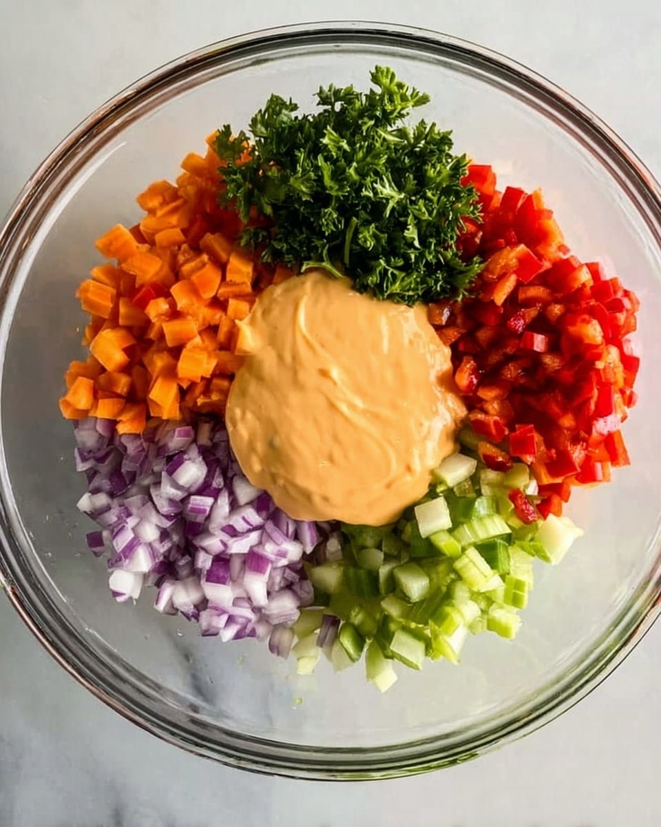 A clear glass bowl on a white marbled surface holds five separate piles of chopped vegetables arranged around a central dollop of creamy, light orange sauce. Starting from the top left and moving clockwise, there are small orange carrot cubes, a bunch of bright green parsley leaves, diced purple and white red onions, finely chopped red bell peppers, and light green celery pieces. The smooth sauce in the center contrasts with the rough or chunky textures of the vegetables, creating a colorful and fresh mix. photo taken with an iphone --ar 4:5 --v 7