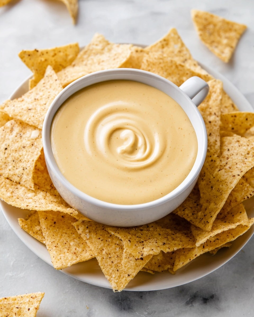 A white cup filled with smooth cheese sauce that has a creamy light yellow color and a soft swirl pattern on top. The cup sits in the middle of a white plate. Around the cup, there is a single layer of light yellow tortilla chips with specks of brown seasoning. The plate is placed on a white marbled surface, with a few tortilla chips scattered nearby. photo taken with an iphone --ar 4:5 --v 7