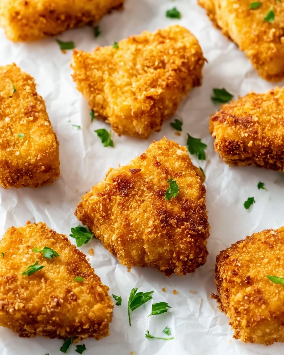 The image shows several pieces of golden-brown fried nuggets placed on white parchment paper on a white marbled surface. Each nugget has a crunchy, textured crust with small crumbs visible, giving a crispy look. The pieces are roughly triangular and irregularly shaped. Small green parsley leaves are scattered on top of and around the nuggets, adding a fresh color contrast. The lighting highlights the crisp texture and golden color of the fried pieces, making them look hot and ready to eat. photo taken with an iphone --ar 4:5 --v 7
