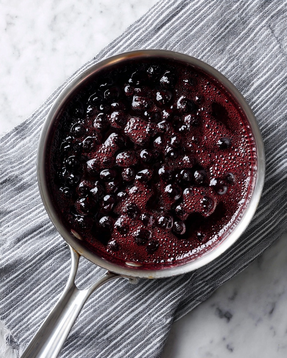 A close-up top view of a stainless steel pan filled with bubbling, dark purple-black berry sauce showing whole berries and thick liquid texture. The pan rests on a gray and white striped cloth placed on a white marbled surface. The sauce has a glossy look with small foamy bubbles around, creating a rich, textured appearance. Photo taken with an iphone --ar 4:5 --v 7