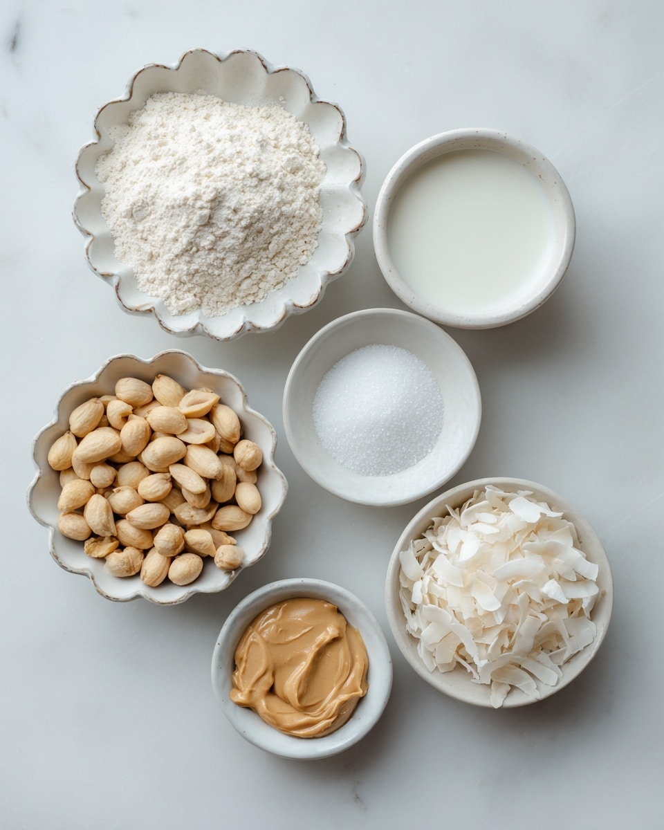 The image shows six small white bowls filled with different ingredients arranged on a white marbled surface. At the top center is a bowl with a scalloped edge filled with a fine white powder labeled as glutinous rice flour. Below it to the left is a round bowl filled with whole light brown peanuts. To the right of the peanuts is a small round bowl filled with granulated white sugar. Above the sugar bowl and to the right is a small white bowl filled nearly to the top with creamy white coconut milk. Below the sugar bowl, in the bottom center, is a small bowl filled with shredded white coconut. To the right of the shredded coconut is a small bowl containing a smooth light brown peanut butter labeled as optional. The bowls are all placed on the smooth white marbled surface with uniform, soft lighting. photo taken with an iphone --ar 4:5 --v 7