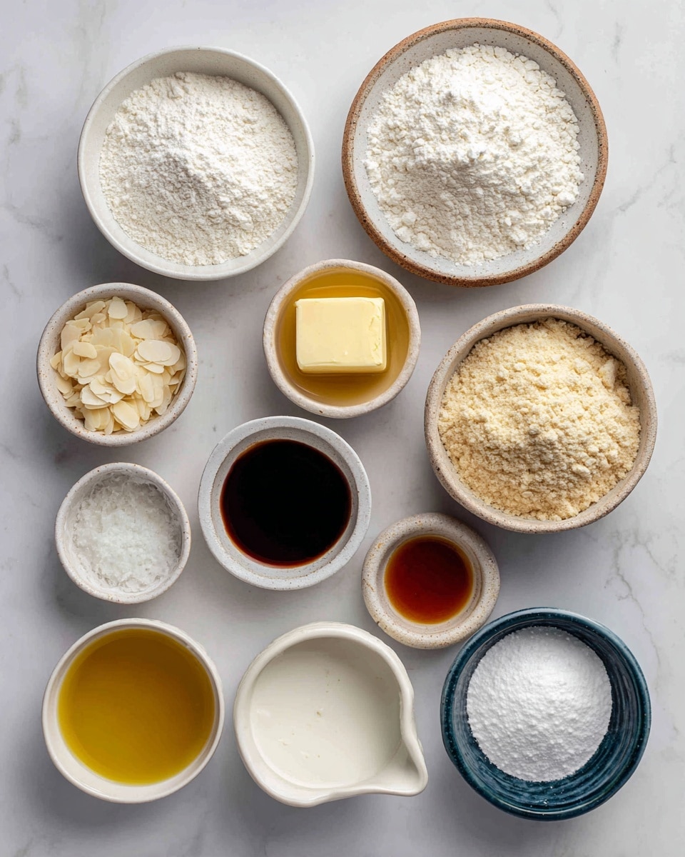 This image shows eleven small white bowls arranged on a white marbled surface, each holding a different ingredient. Starting from the top middle and moving clockwise, there is a bowl of white flour with a fine texture, a bowl filled with white granulated sugar, a bowl with yellow vegan butter, a small bowl dark brown vanilla extract, a bowl with clear almond extract, a bowl of pale flaked almonds, a bowl of light golden applesauce, a bowl of light beige almond flour with a crumbly texture, a small bowl of white dairy-free milk, a bowl of golden yellow oil, and a very small blue bowl of white baking powder. Each bowl is neatly filled and set separately to show all the ingredients clearly. Photo taken with an iphone --ar 4:5 --v 7